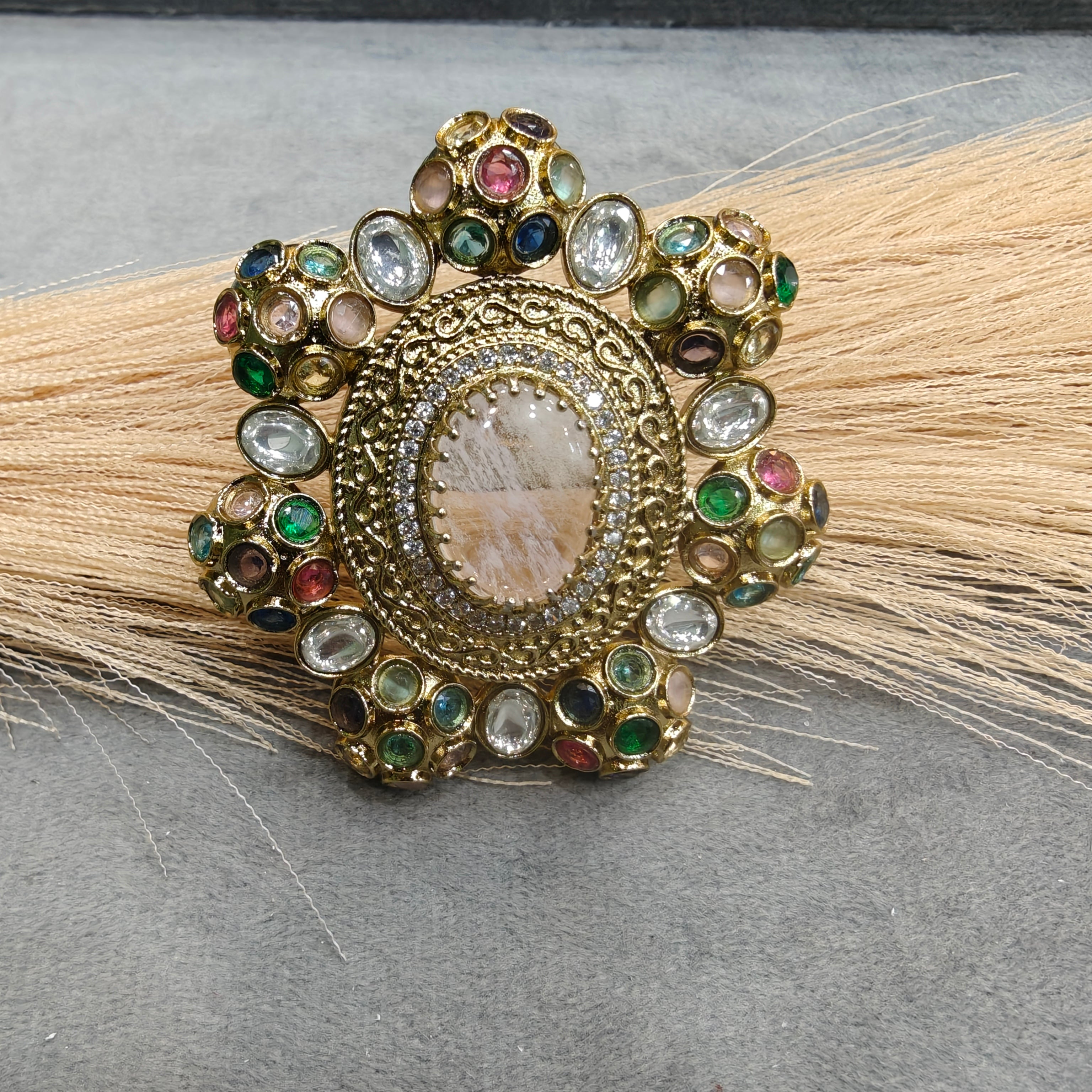Sabyasachi Inspired Big Size Cocktail Adjustable Ring- Rose Quartz