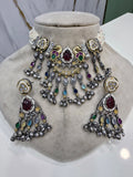 Shriyali Silver Oxidised Brass Choker Necklace Set- Multi