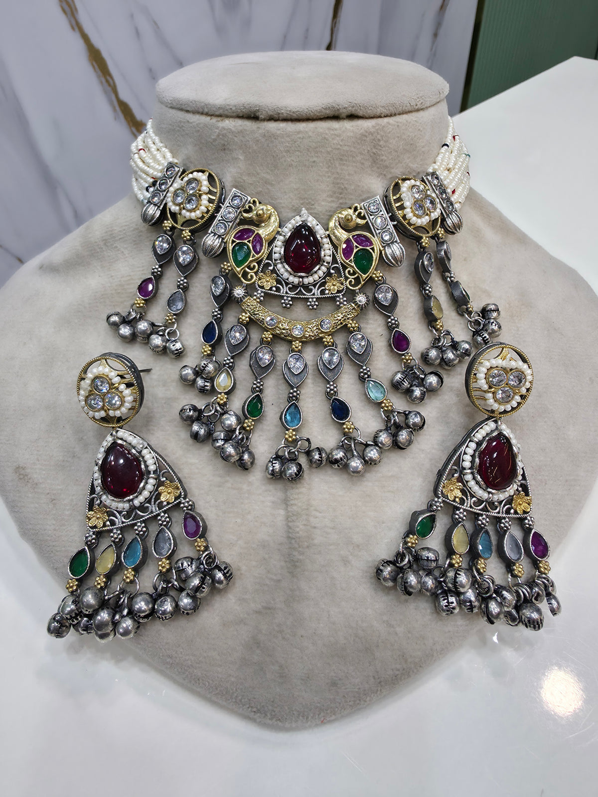 Shriyali Silver Oxidised Brass Choker Necklace Set- Multi