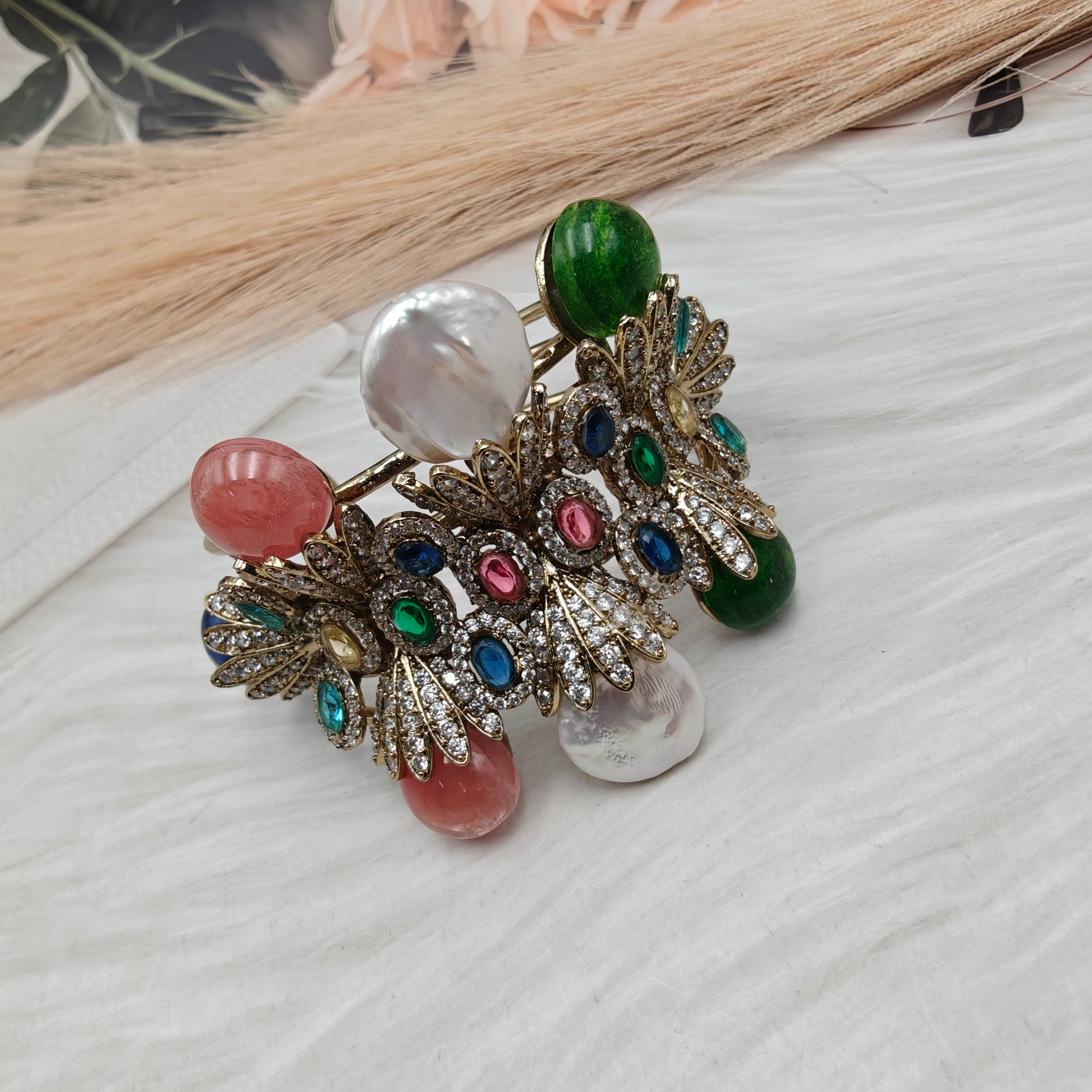 Elizabeth Gemstone and Baroque Luxe Statement Bracelet- Green and Coral Pink