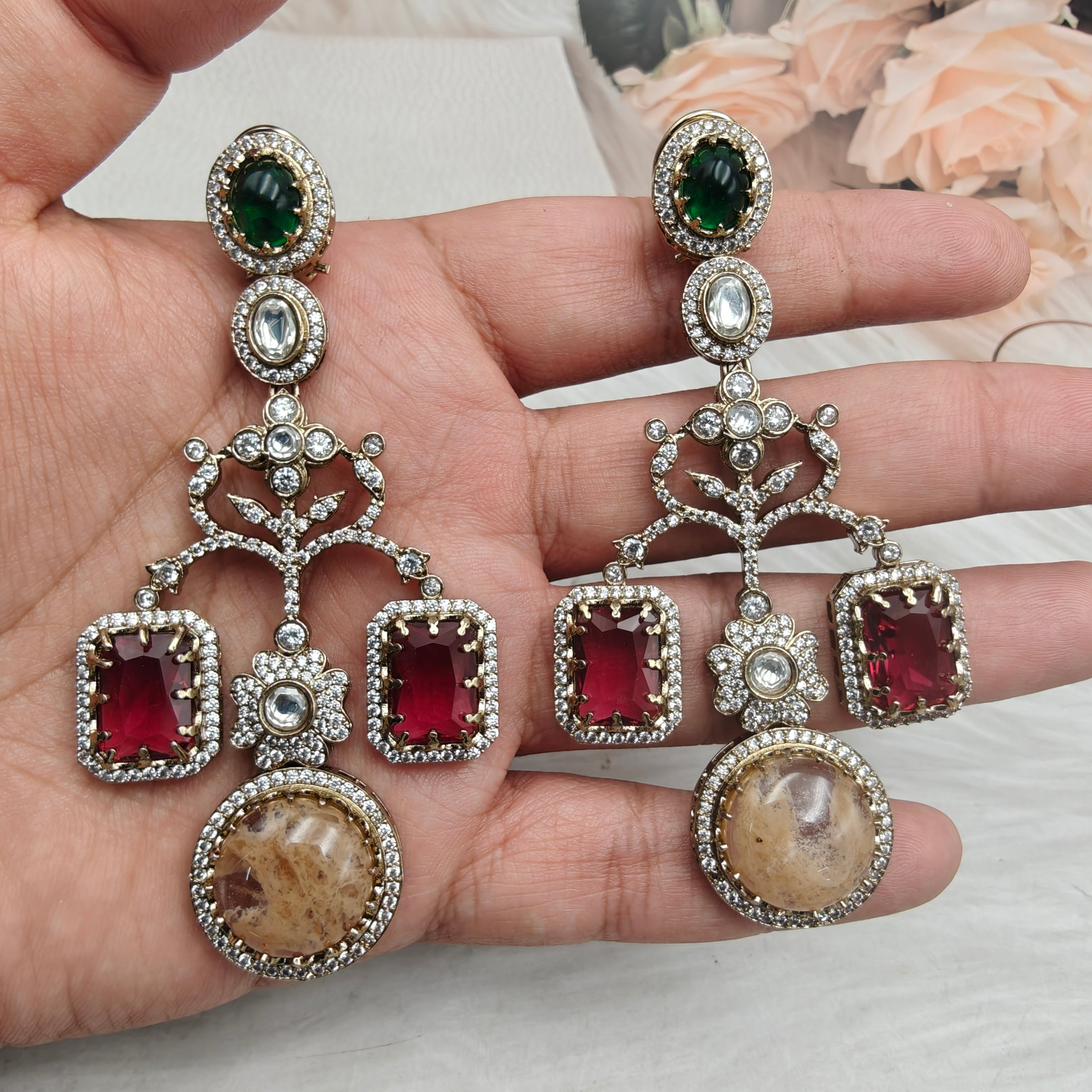 Isha Sabyasachi Inspired Gemstone Earrings- Red Peach Multi