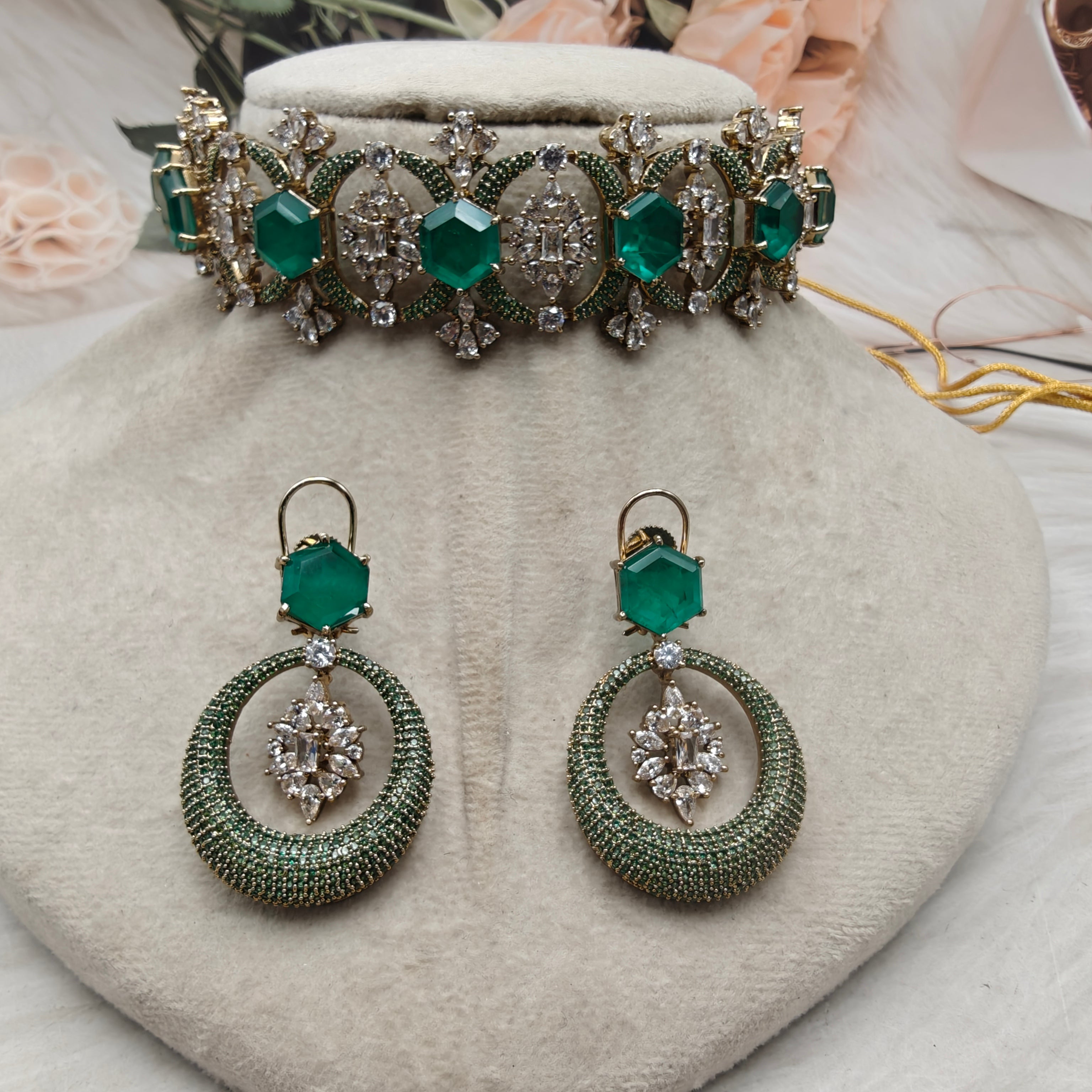 Farida Doublet CZ Statement Choker Set- Green