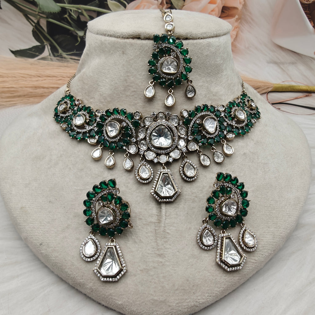 Abhilasha Uncut Moissanite Polki Premium Necklace Set - Green