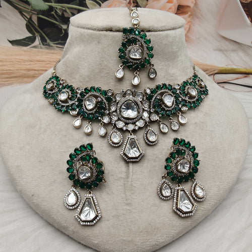 Abhilasha Uncut Moissanite Polki Premium Necklace Set - Green