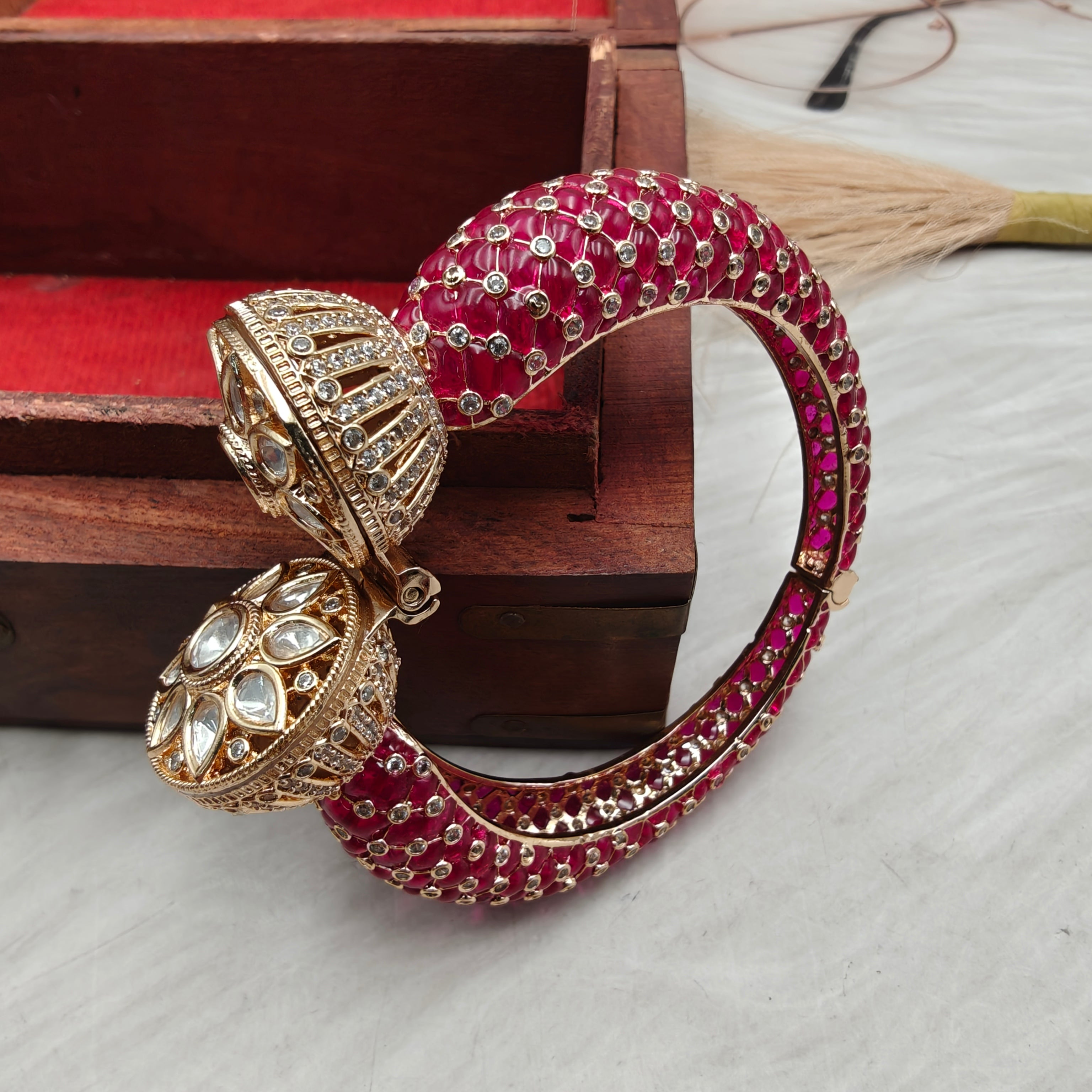 Rubani Sunheri Moissanite Kundan Openable Bracelet - Ruby