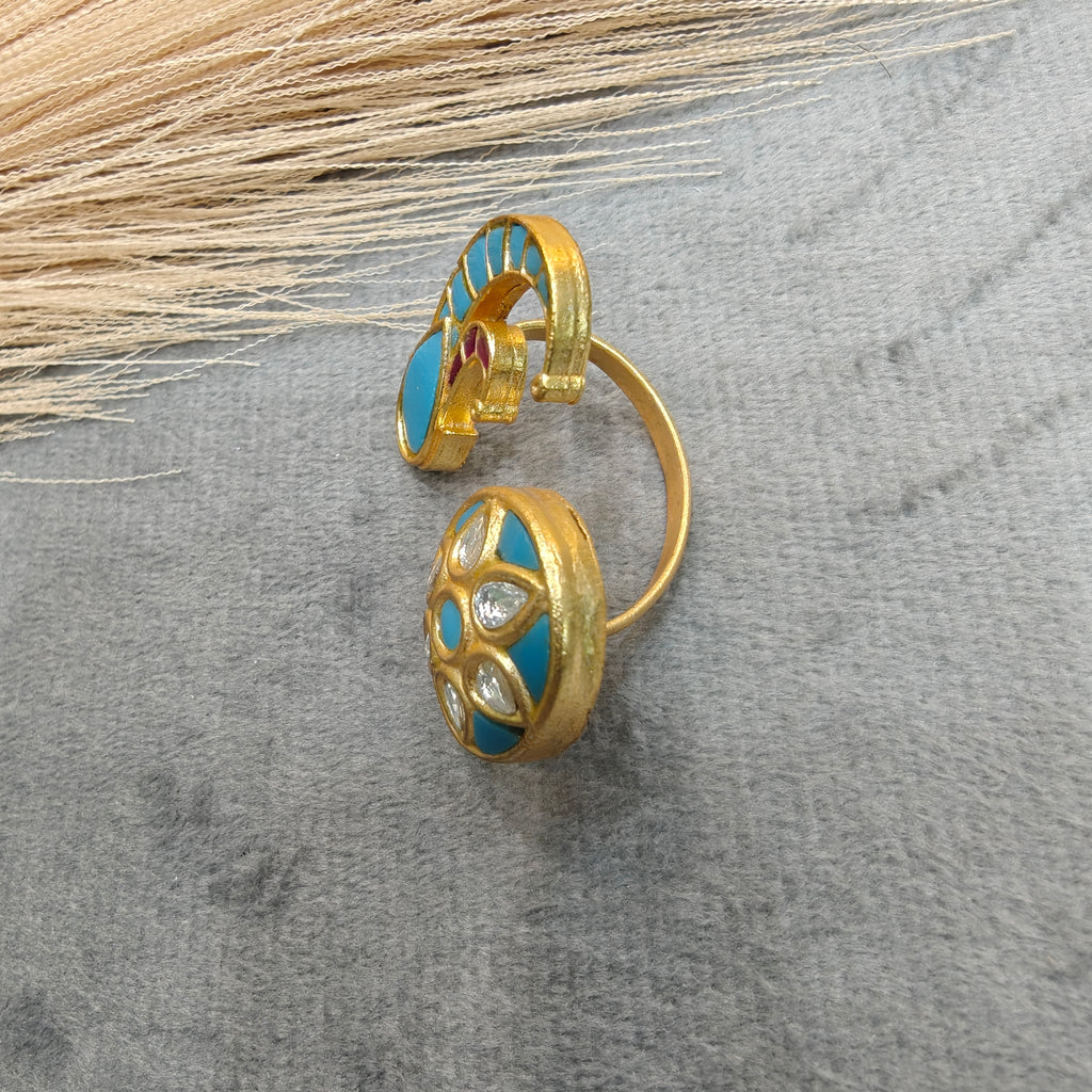 Rukamani Jadau Kundan Heritage Double Finger Ring- Turquoise