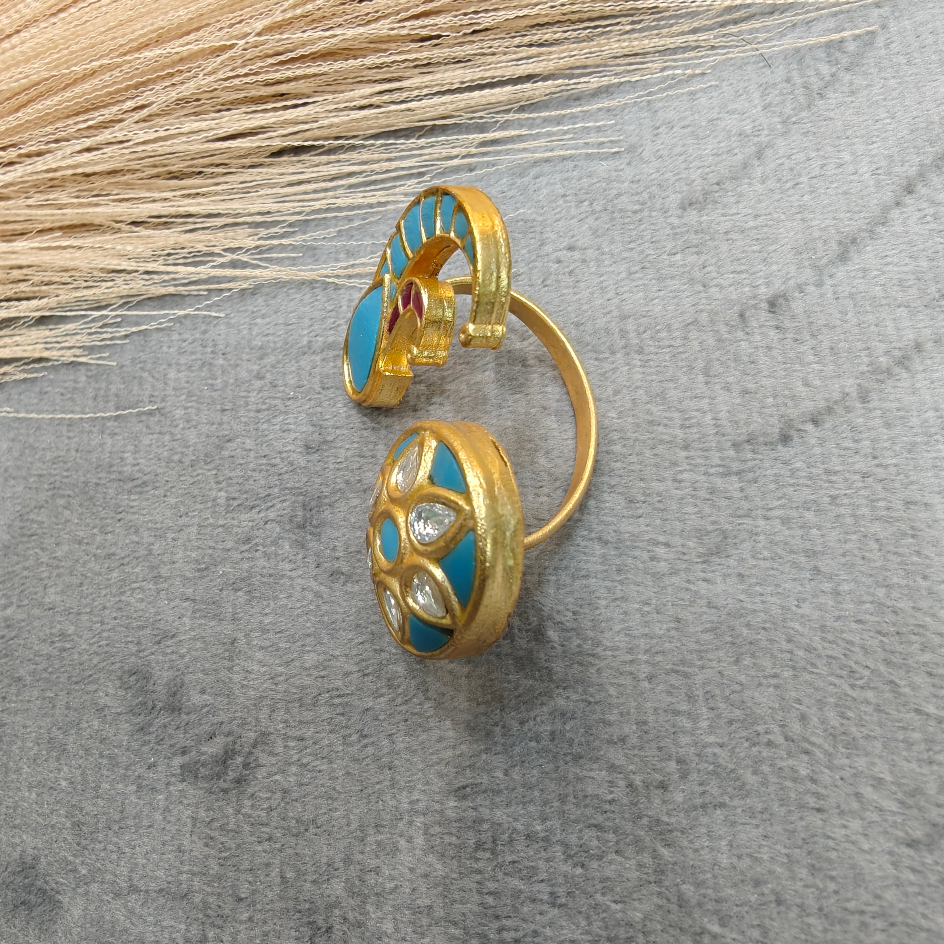 Rukamani Jadau Kundan Heritage Double Finger Ring- Turquoise