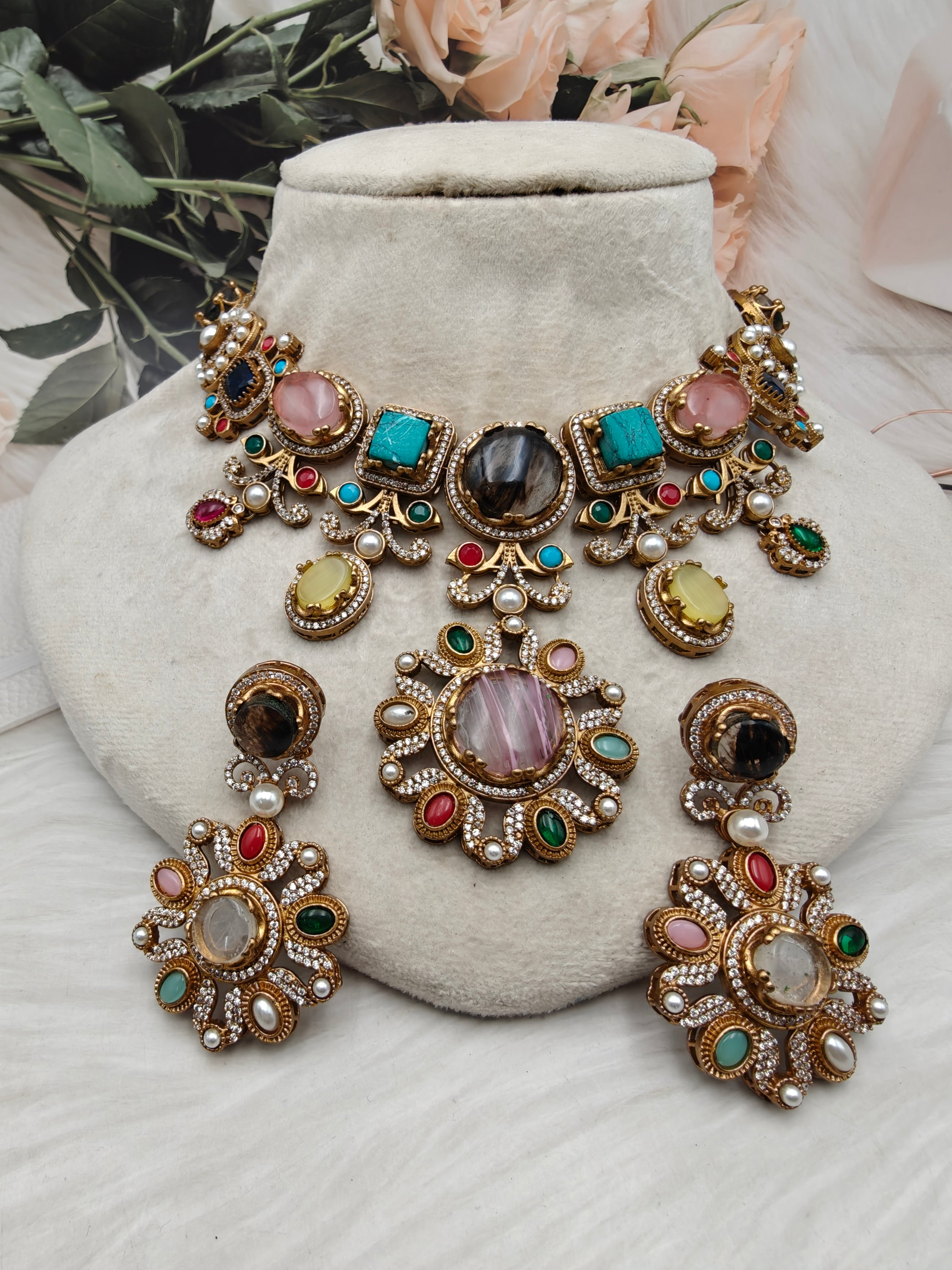 Sabyasachi Inspired Suchitra Natural Stones Necklace Set - Multi