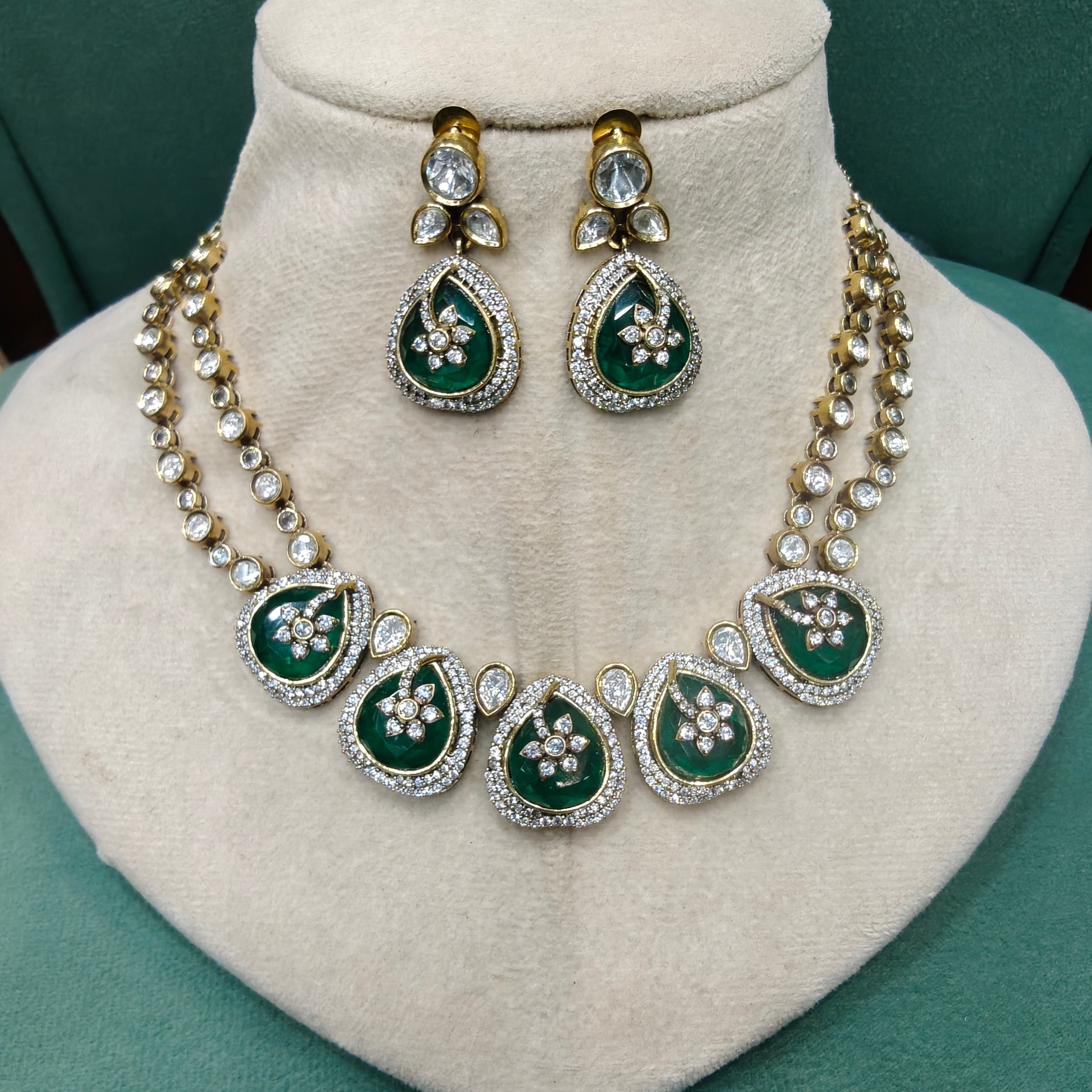 Dharti Doublet and Uncut Polki Necklace Set- Green