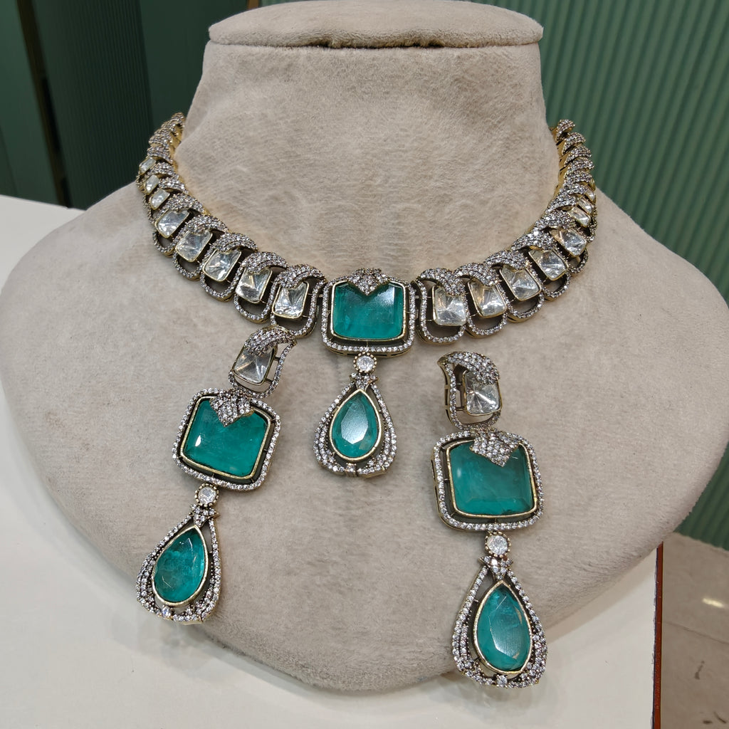 Madhumita Doublet Polki Necklace Set- Sea Green