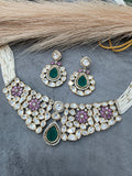 Arifa Polki Kundan Choker Necklace Set- Emerald Pink
