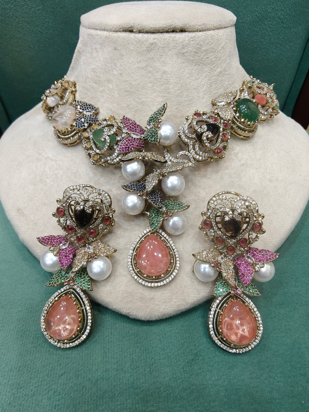 Genelia Sabya Inspired Premium Gemstone and Pearls Statement Necklace Set- Coral Multi