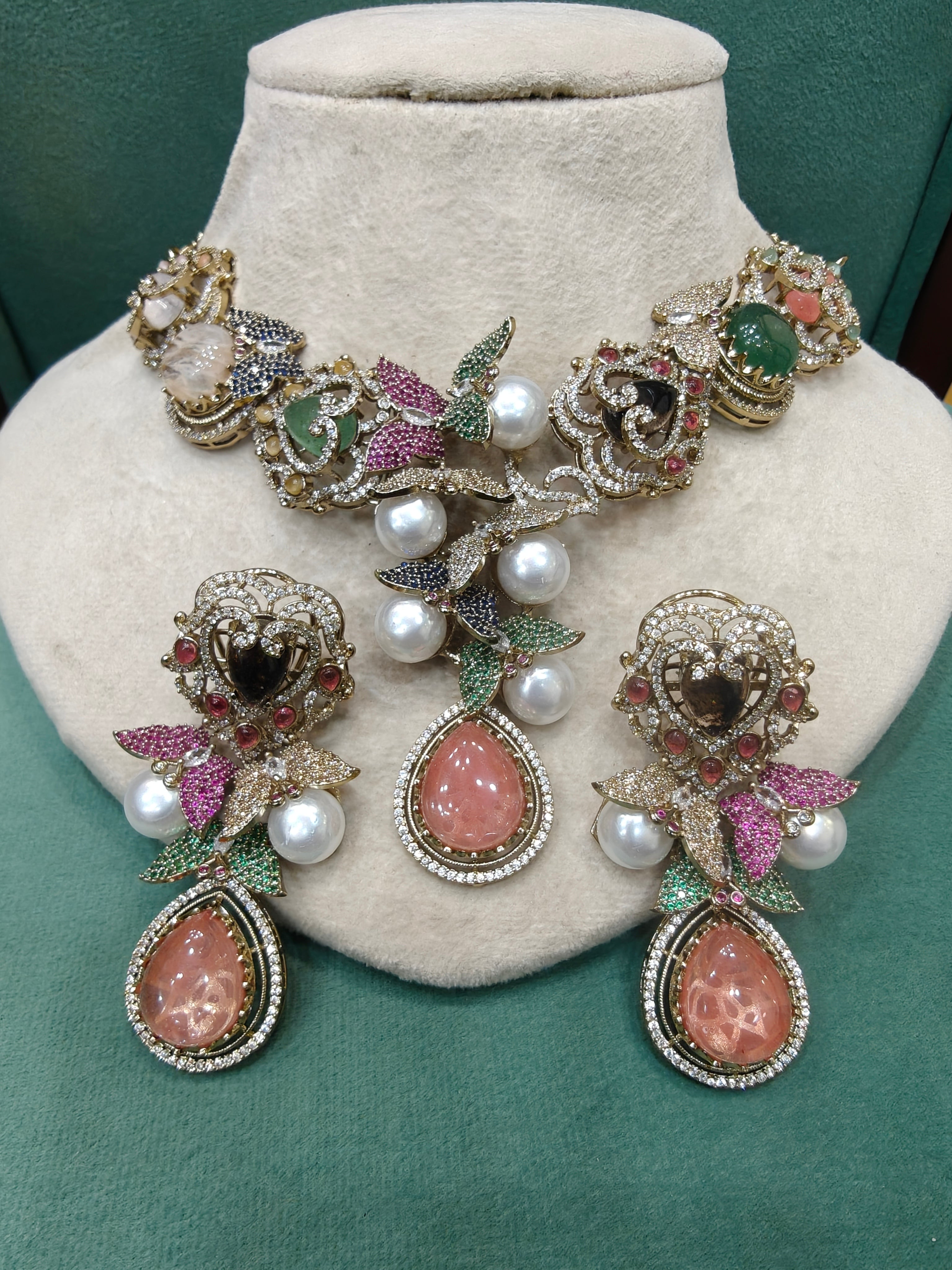 Genelia Sabya Inspired Premium Gemstone and Pearls Statement Necklace Set- Coral Multi