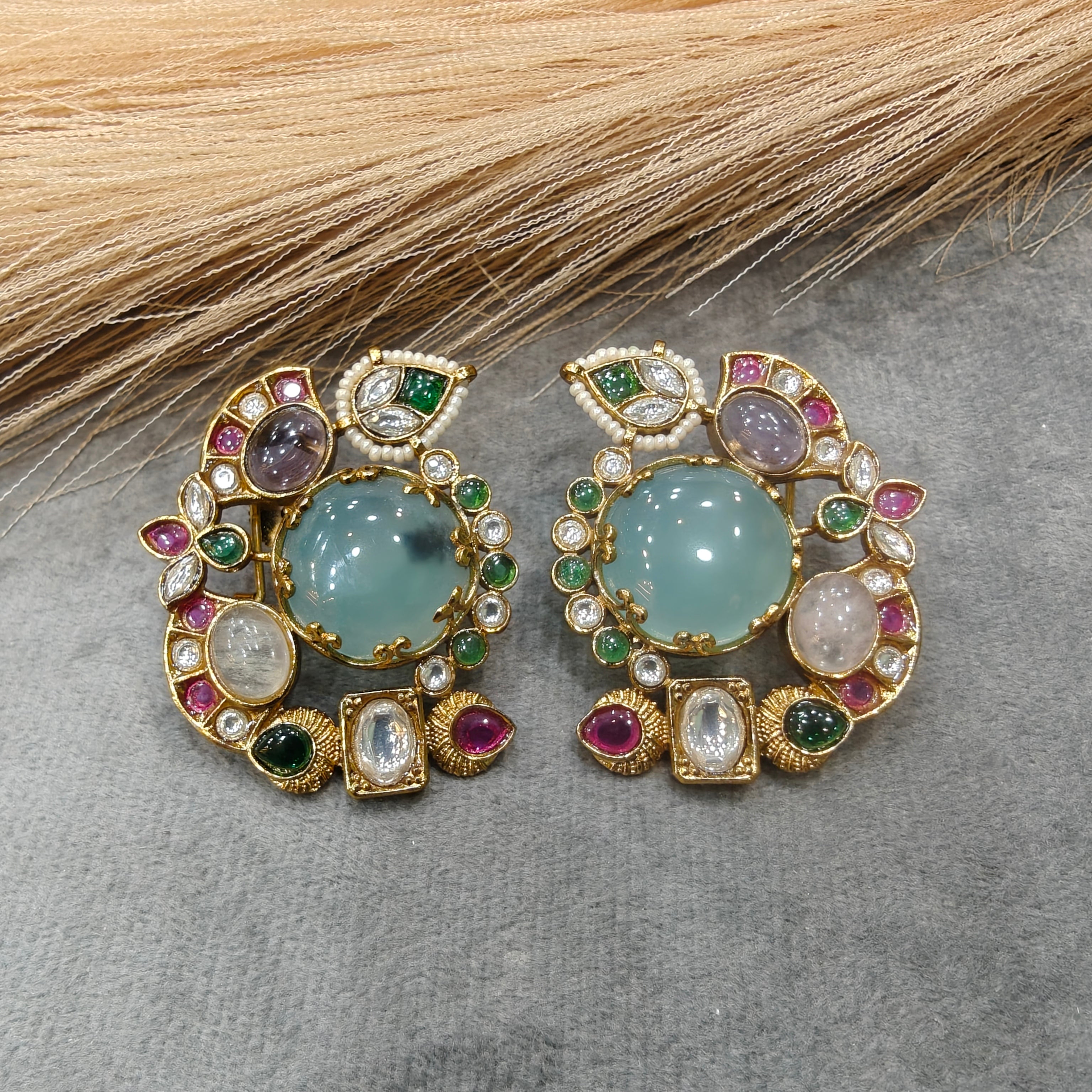 Avantika Gemstone Kundan Heritage Studs-Mint Multi