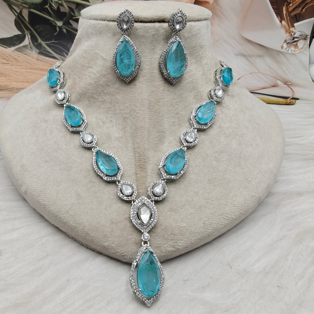 Anusha Doublet and Uncut Polki Necklace Set (Silver Finish)- Sky Blue