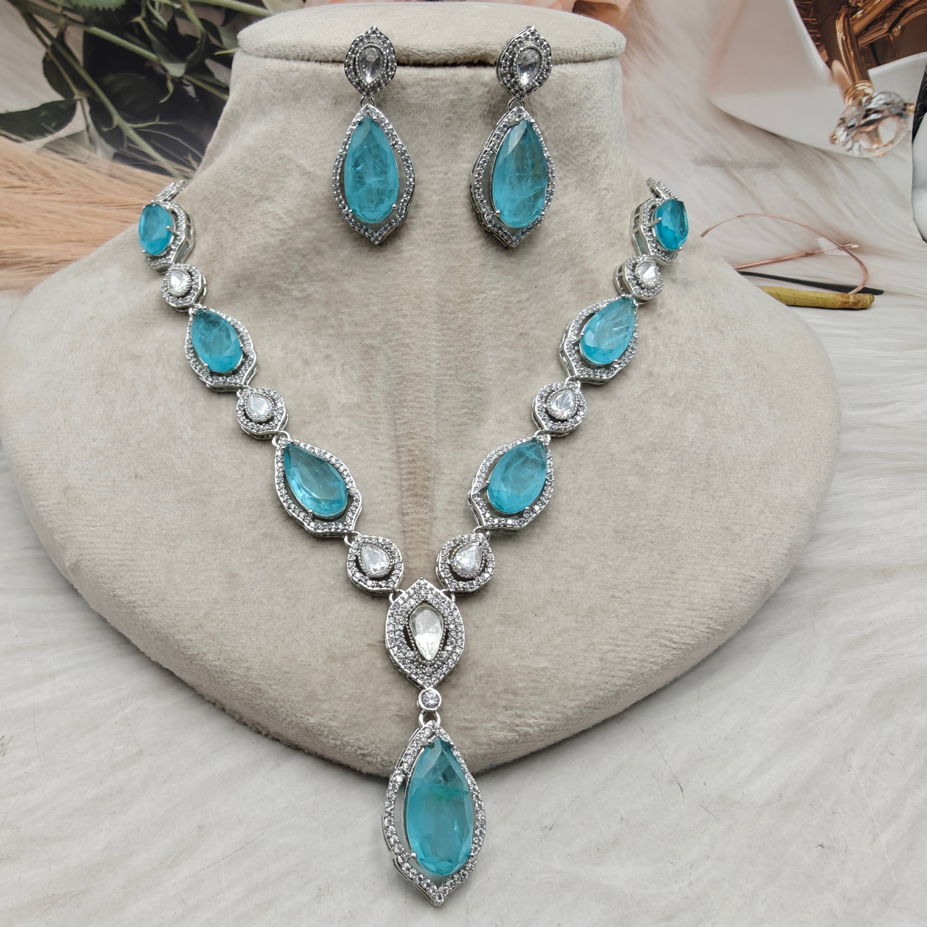 Anusha Doublet and Uncut Polki Necklace Set (Silver Finish)- Sky Blue