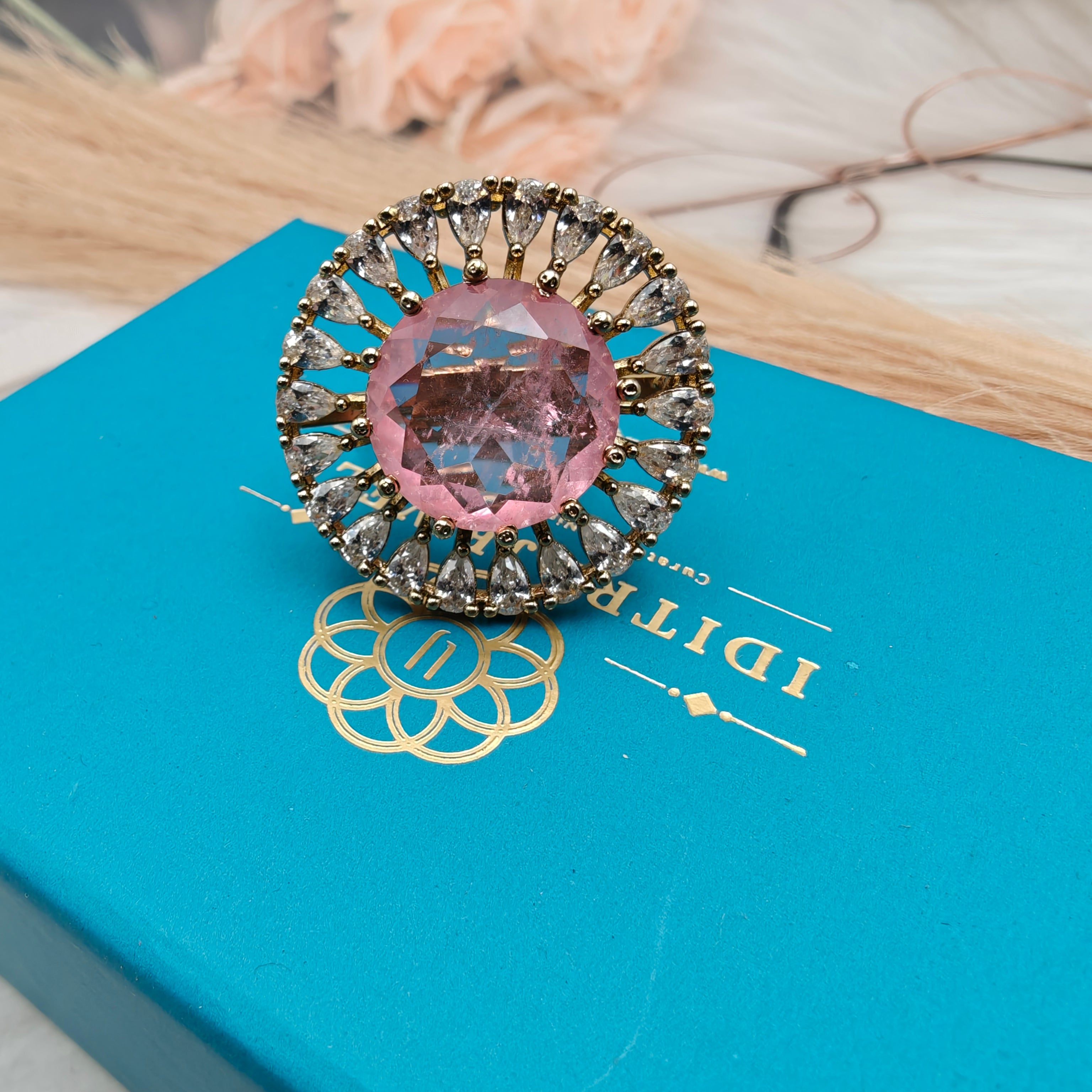 Naisha Doublet AD Adjustable Cocktail Ring- Pink Coral