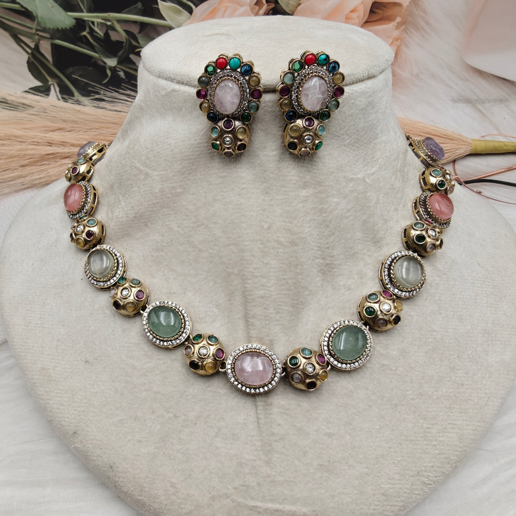 Sabyasachi Inspired Natural Stone Necklace Set- Pastel Multi