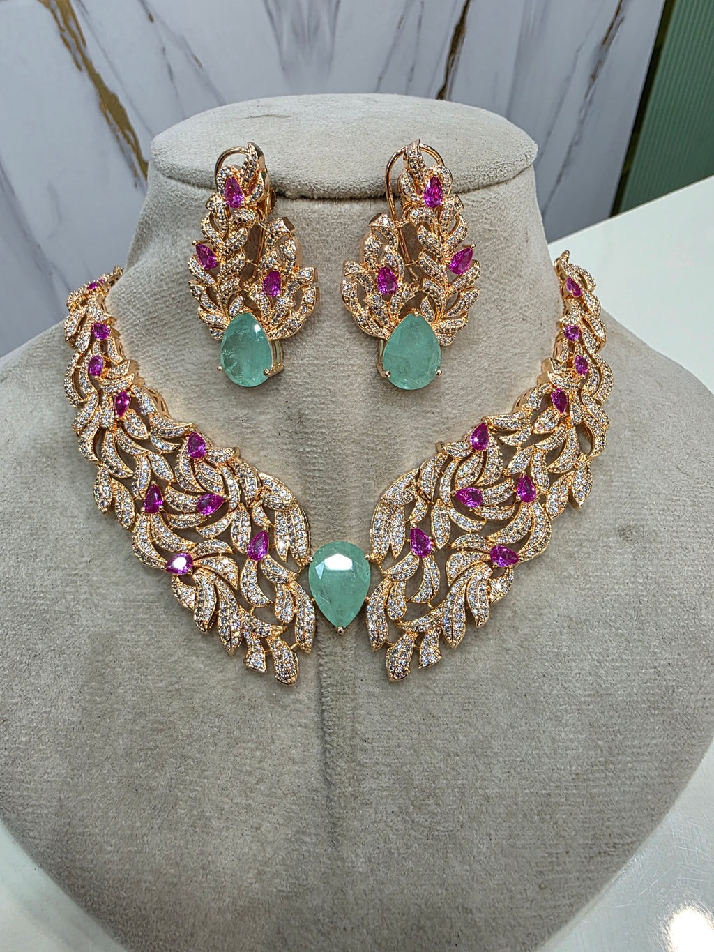 Srishti Premium Carat Plating Russian Doublet Necklace Set- Mint Pink