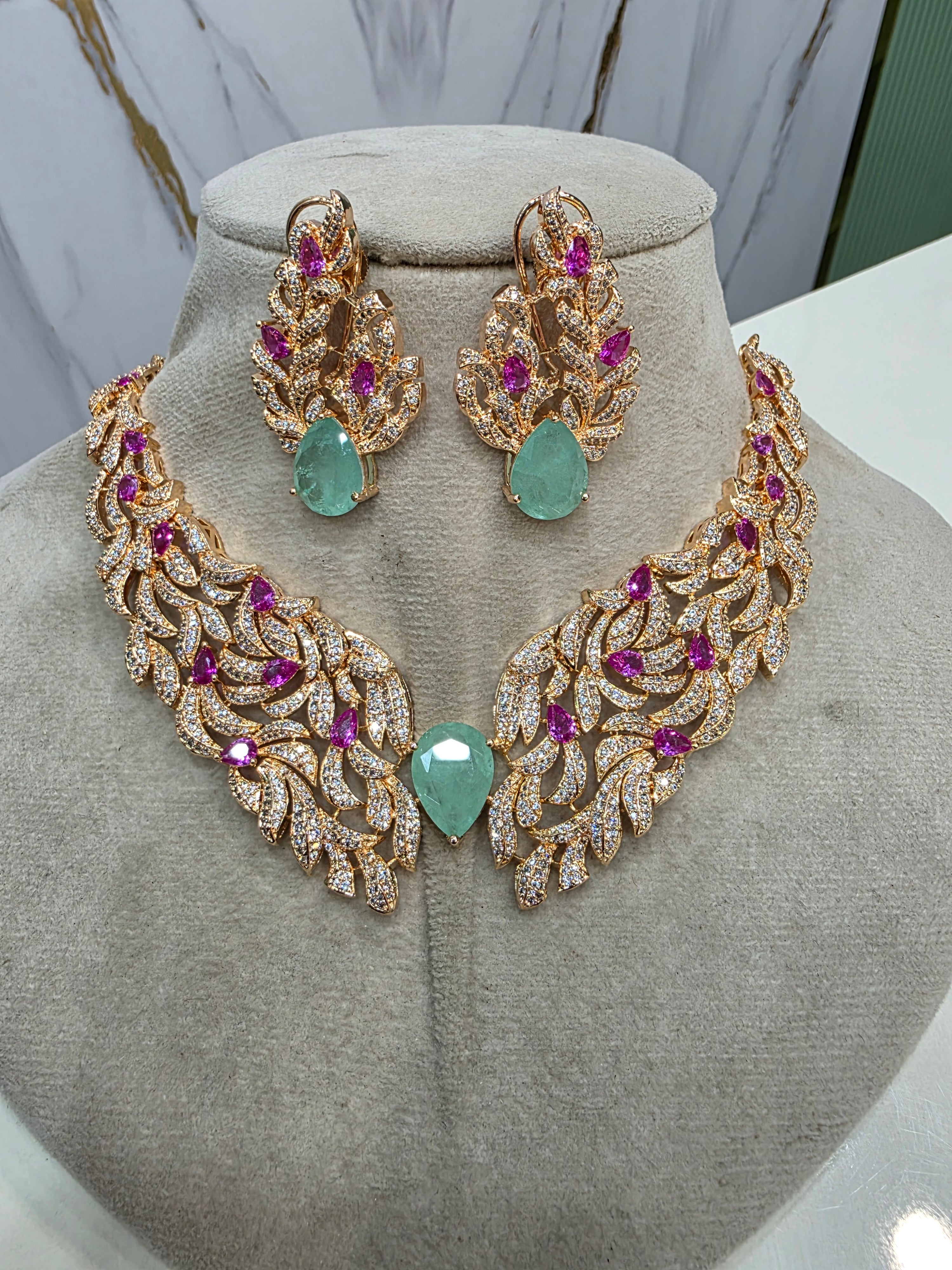 Srishti Premium Carat Plating Russian Doublet Necklace Set- Mint Pink