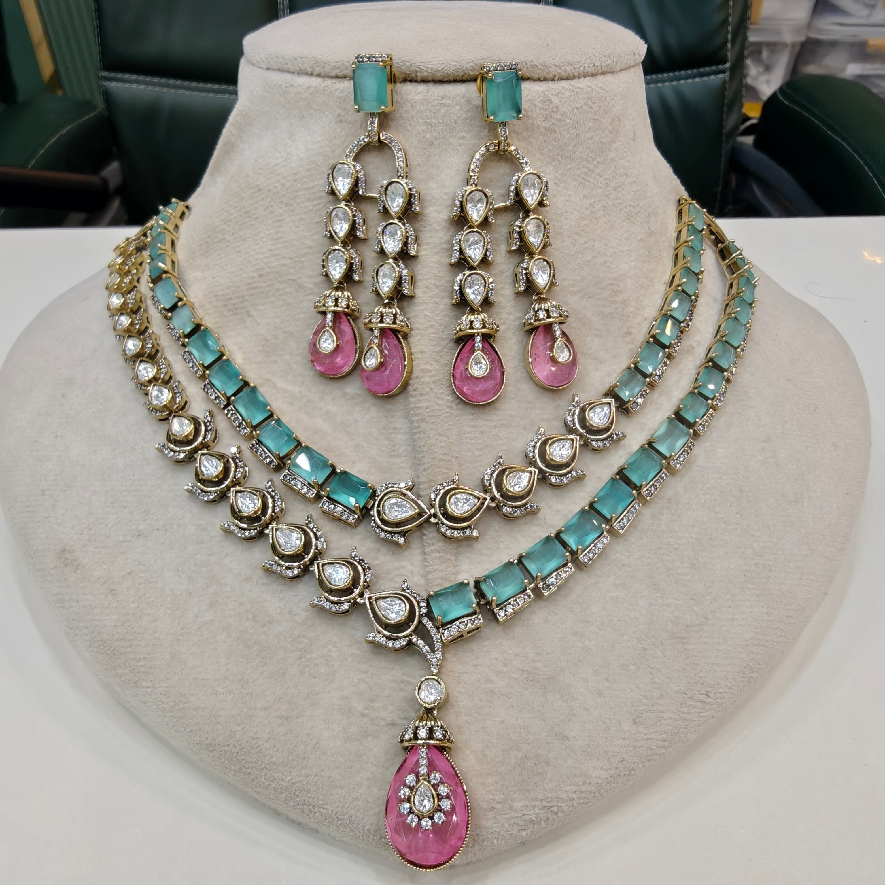 Mehrusa Polki AD Double Layer Necklace Set- Mint Pink