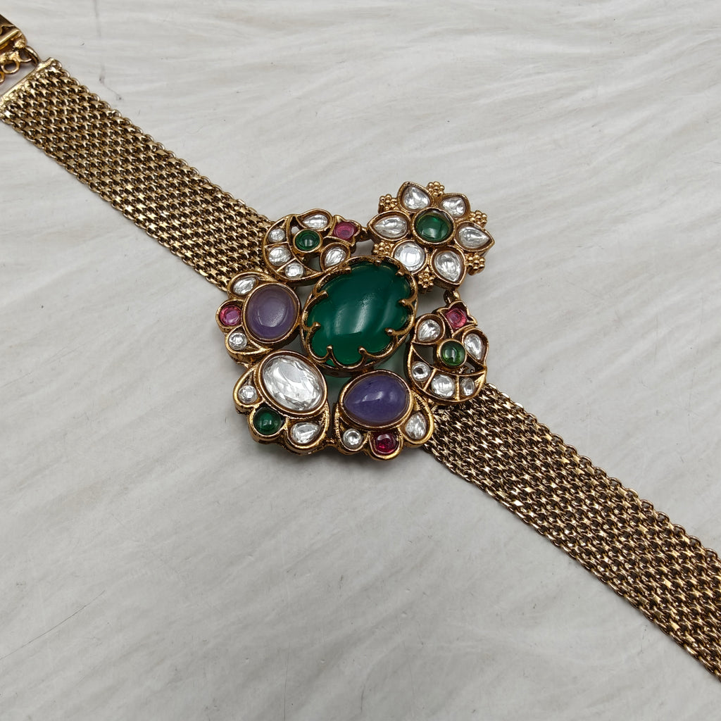 Shakuntala Jadtar Kundan Multi Gemstone Chain Bracelets - Green Purple