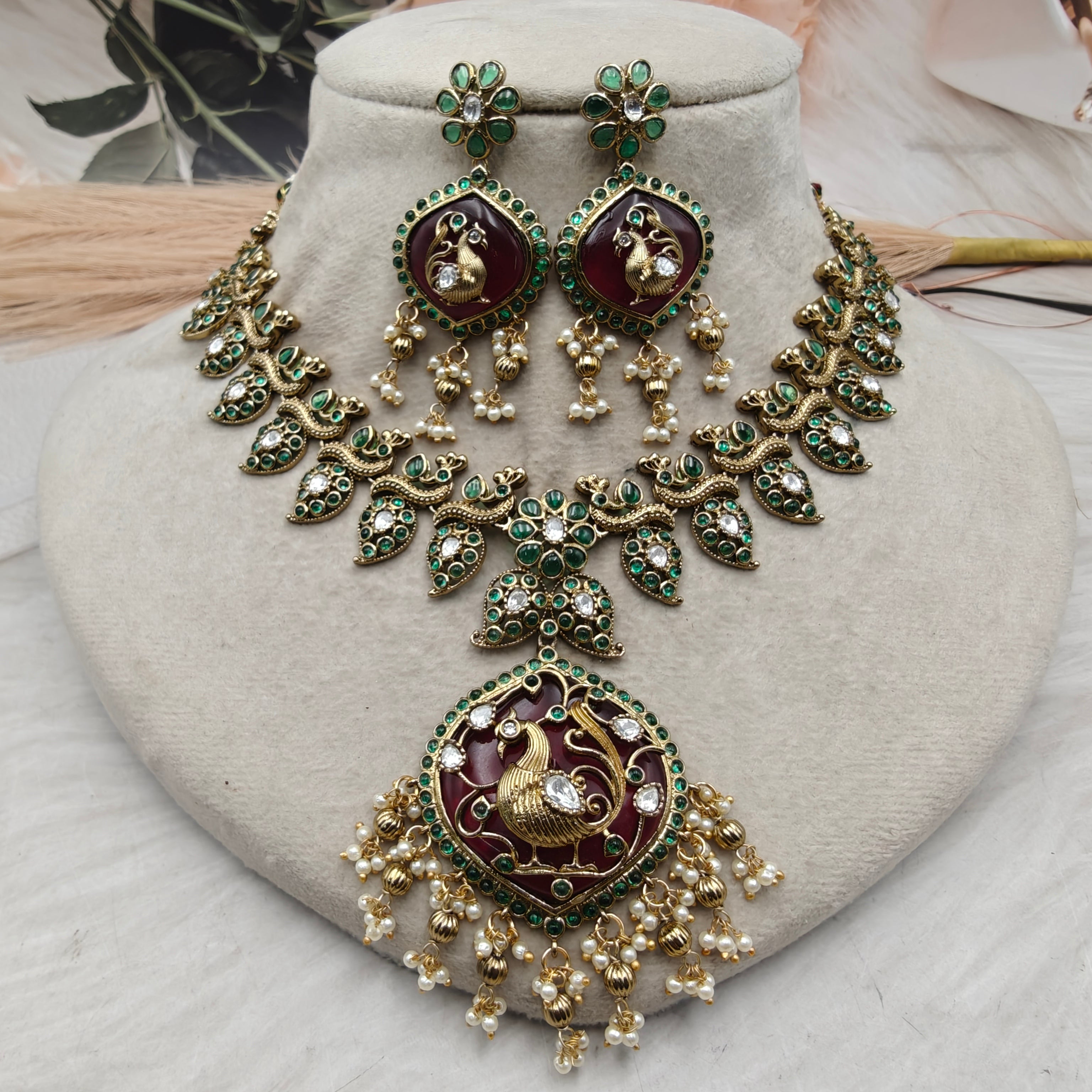 Shreenika Mayura Heritage Necklace Set- Red and Green