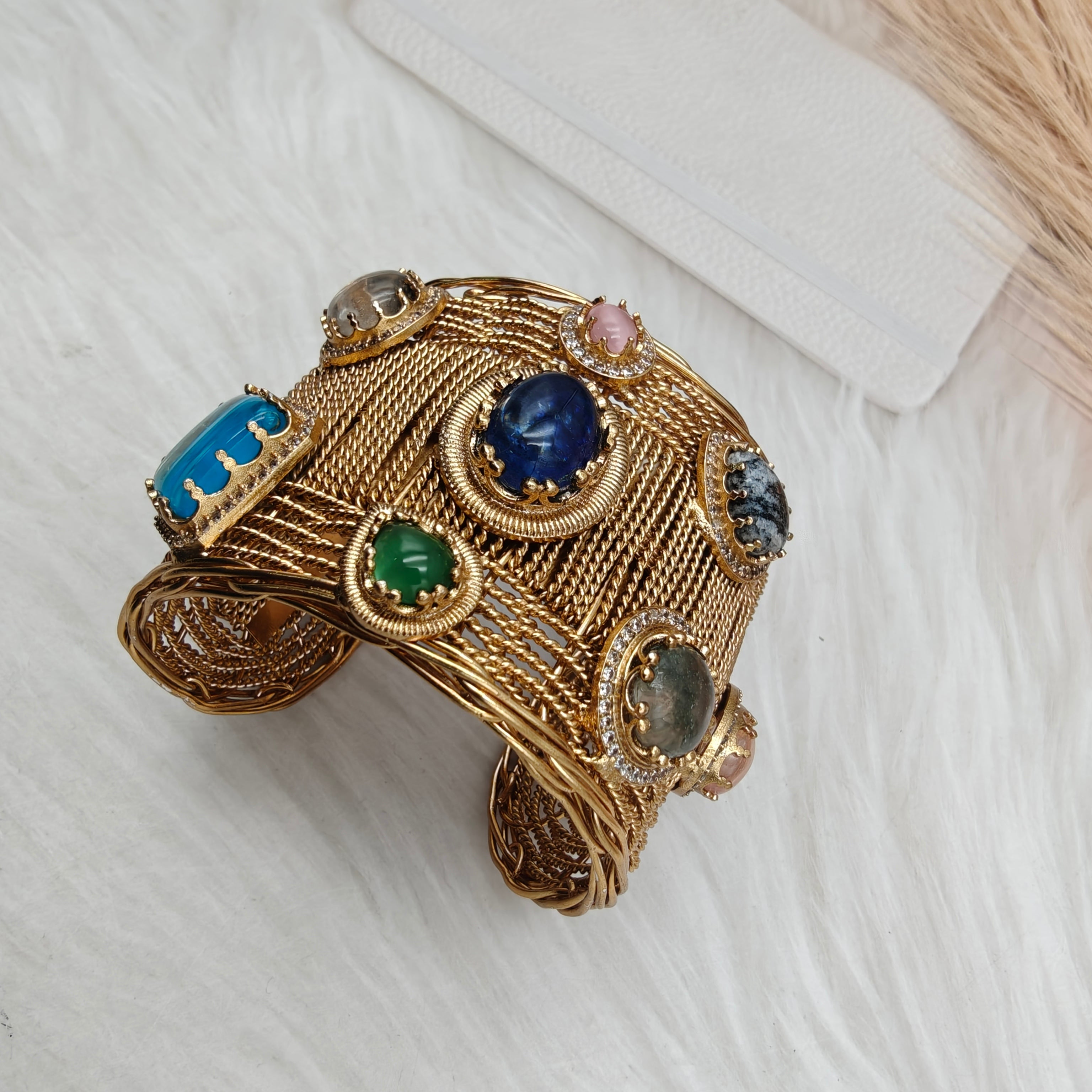 Sahiba Amrapali Brass Fusion Gemstone Handcuff- Blue Multi