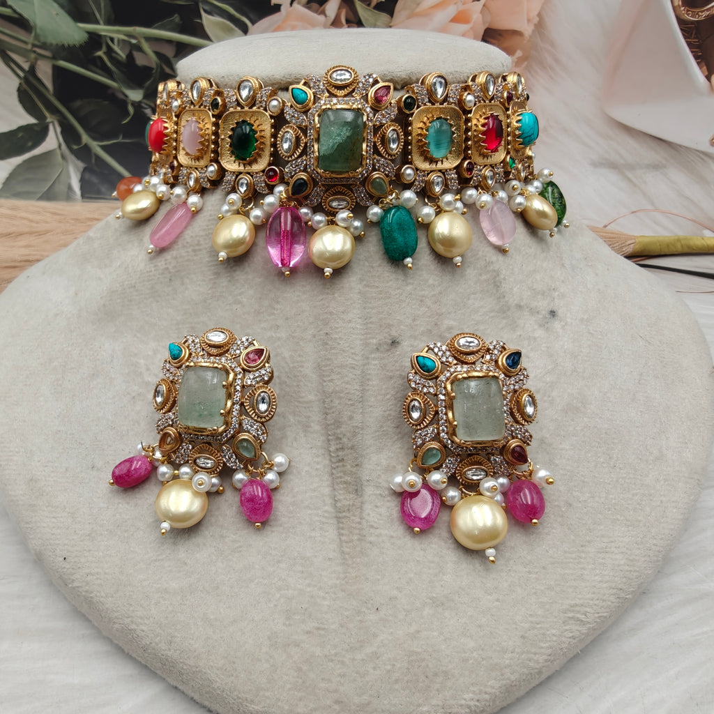 Shubhavi Navratan Natural Stone Choker Set- Mint Multi
