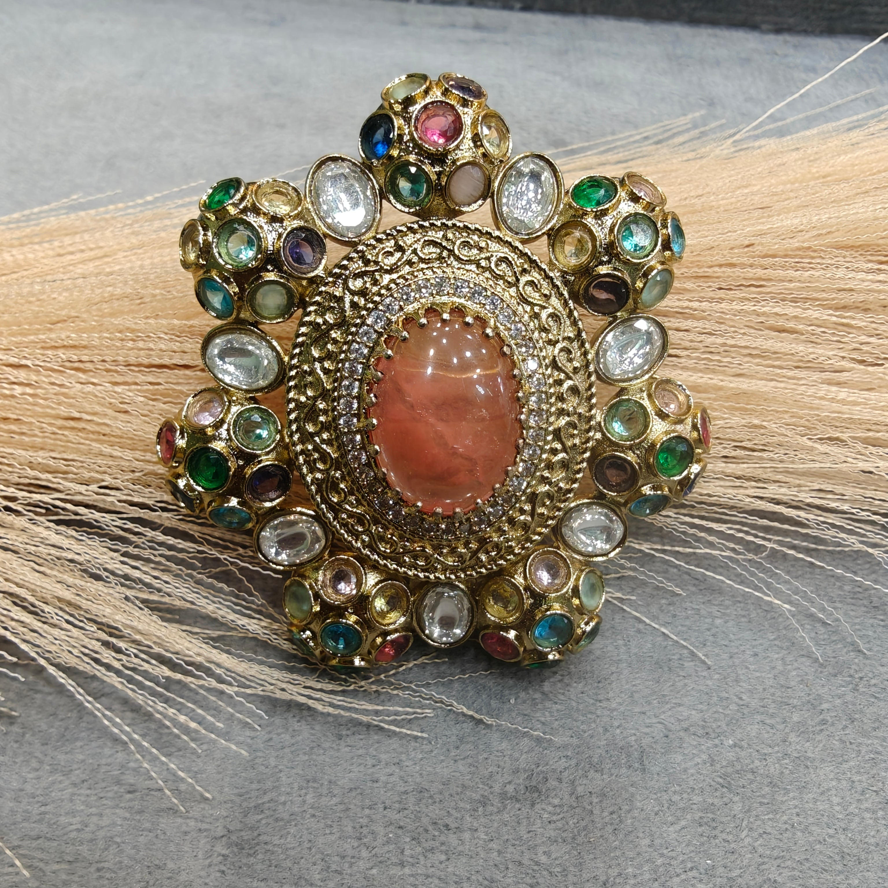 Sabyasachi Inspired Big Size Cocktail Adjustable Ring- Pink Coral