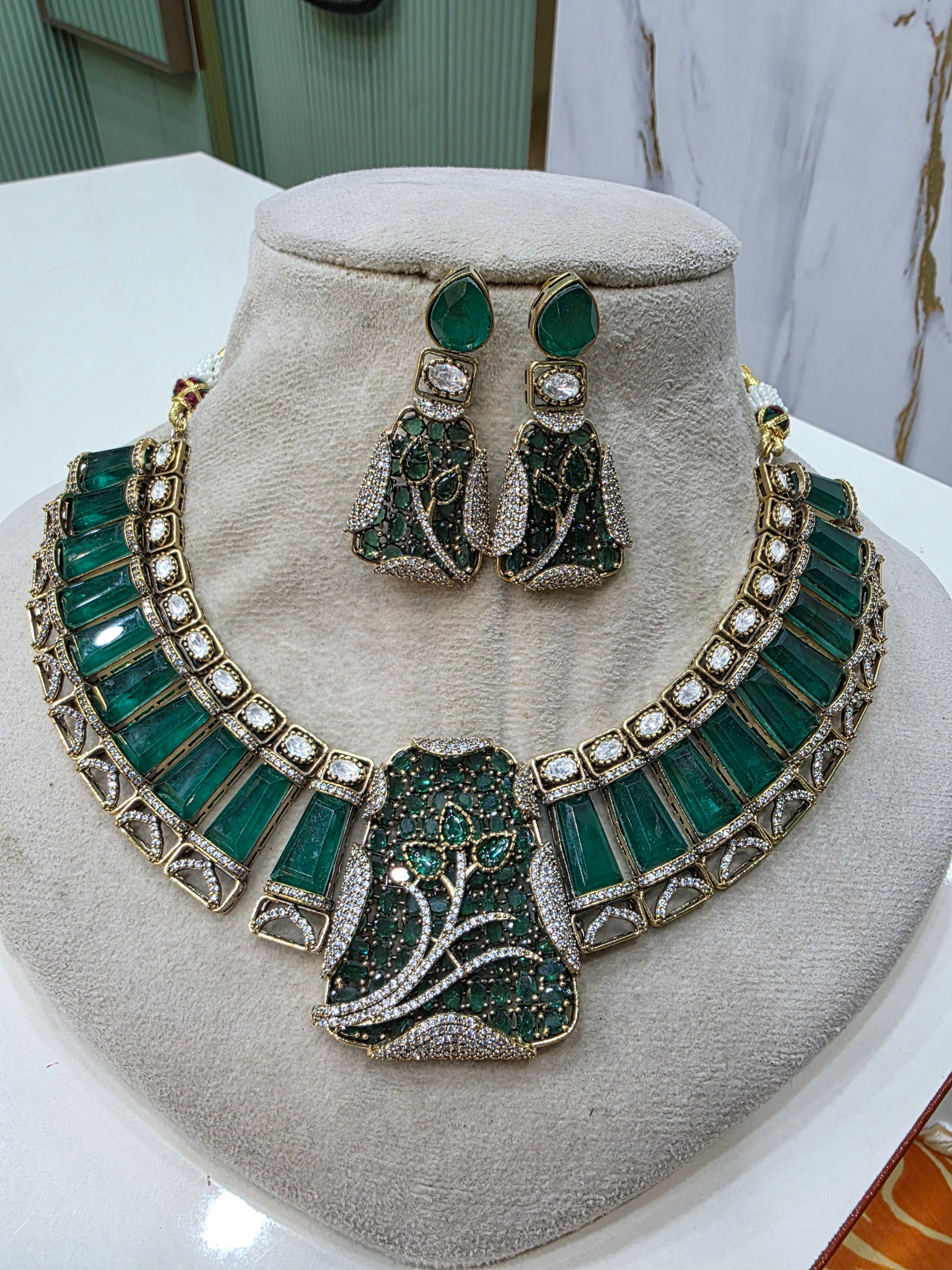 Aaina Doublet Designer Necklace Set- Emerald Green