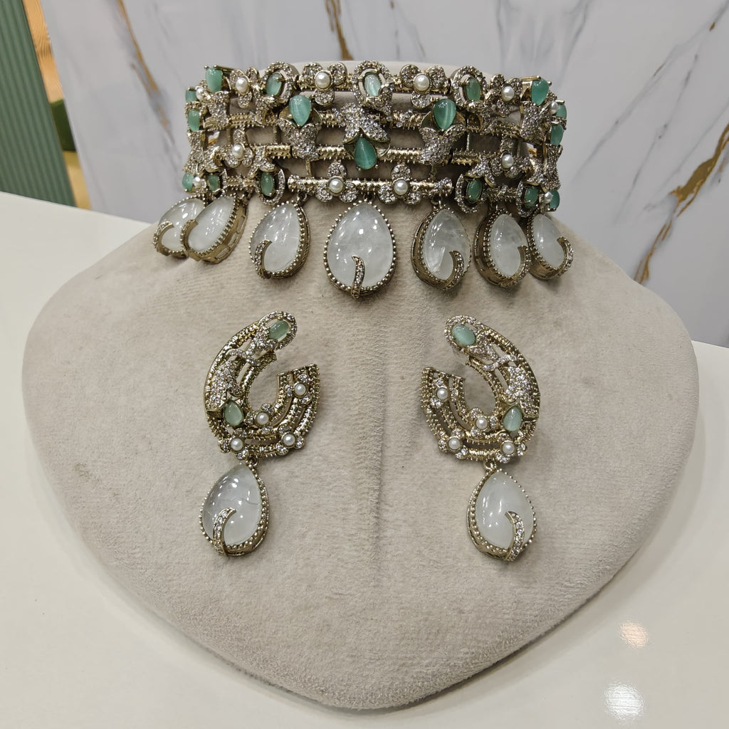 Jiya Doublet Statment Choker Set- Sage Green White