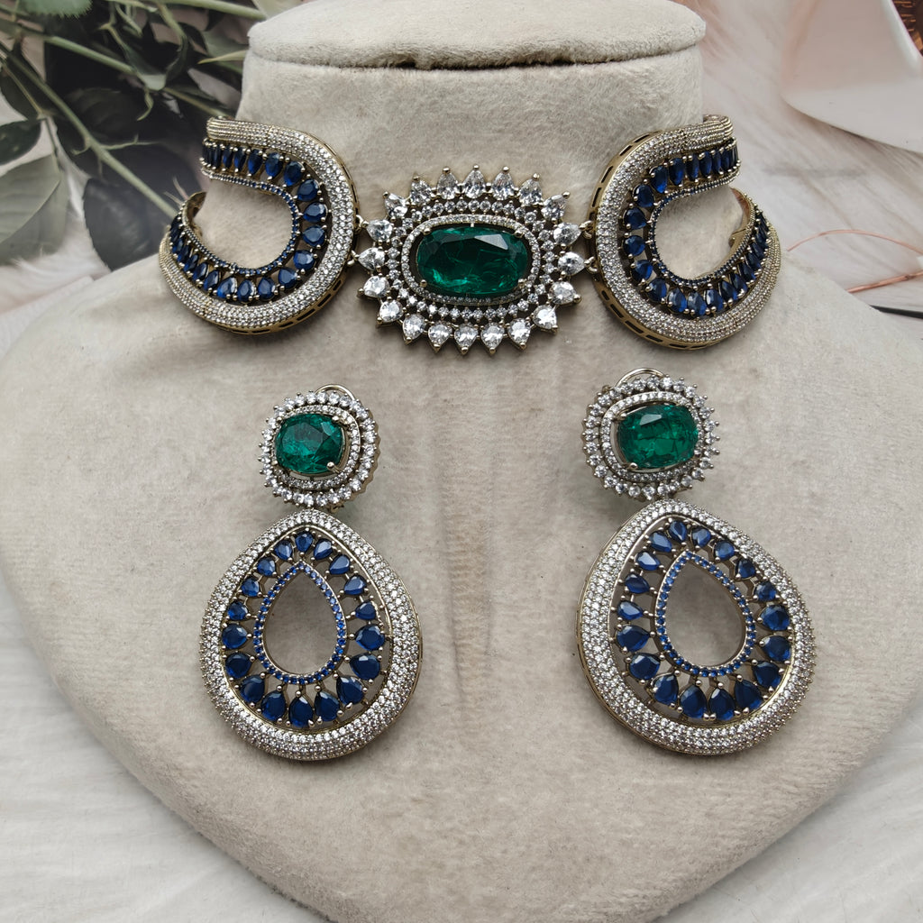 Nausheen Designer Premium Collar Necklace Set- Blue and Emerald