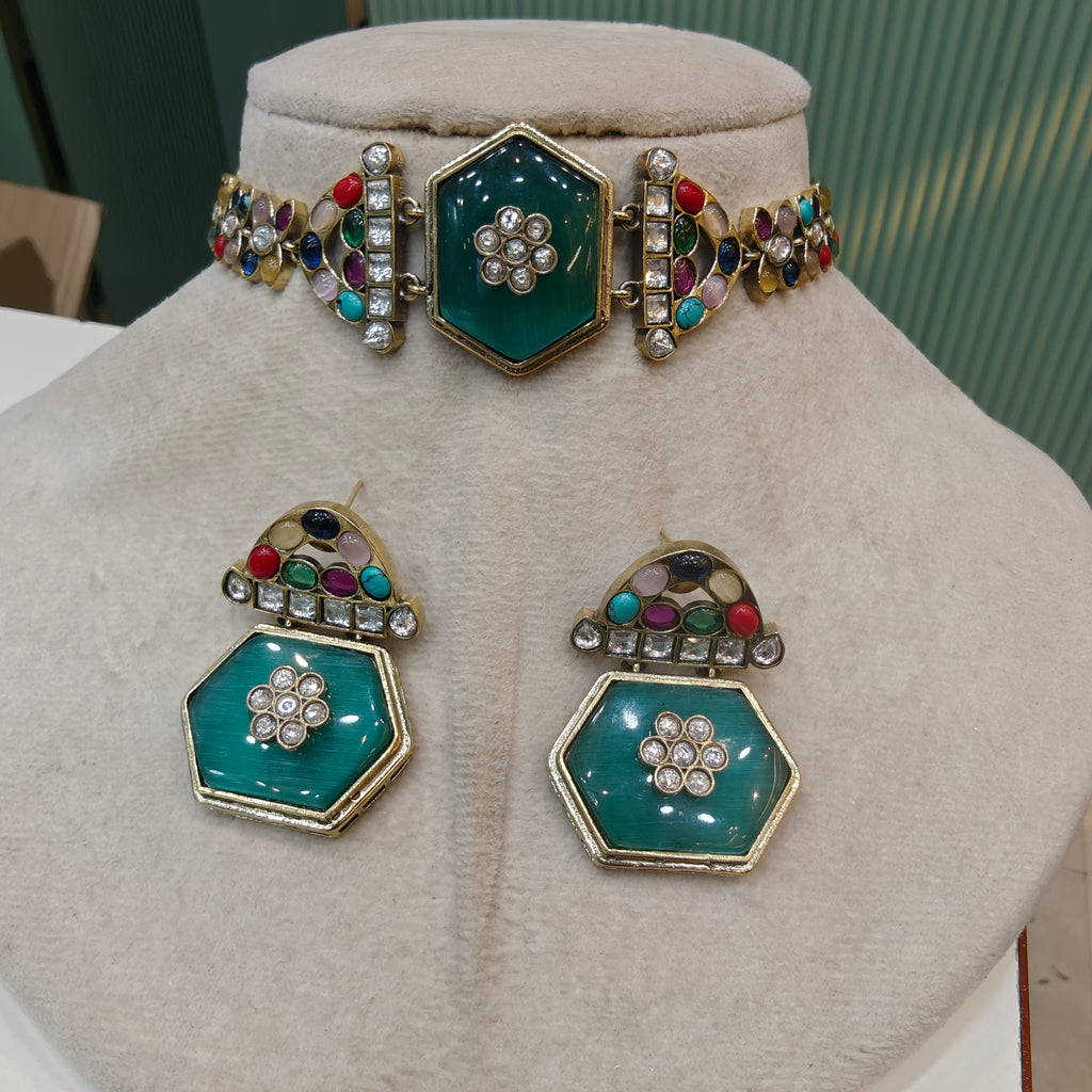 Ozel Navratan Sleek Choker Set- Mint Multi