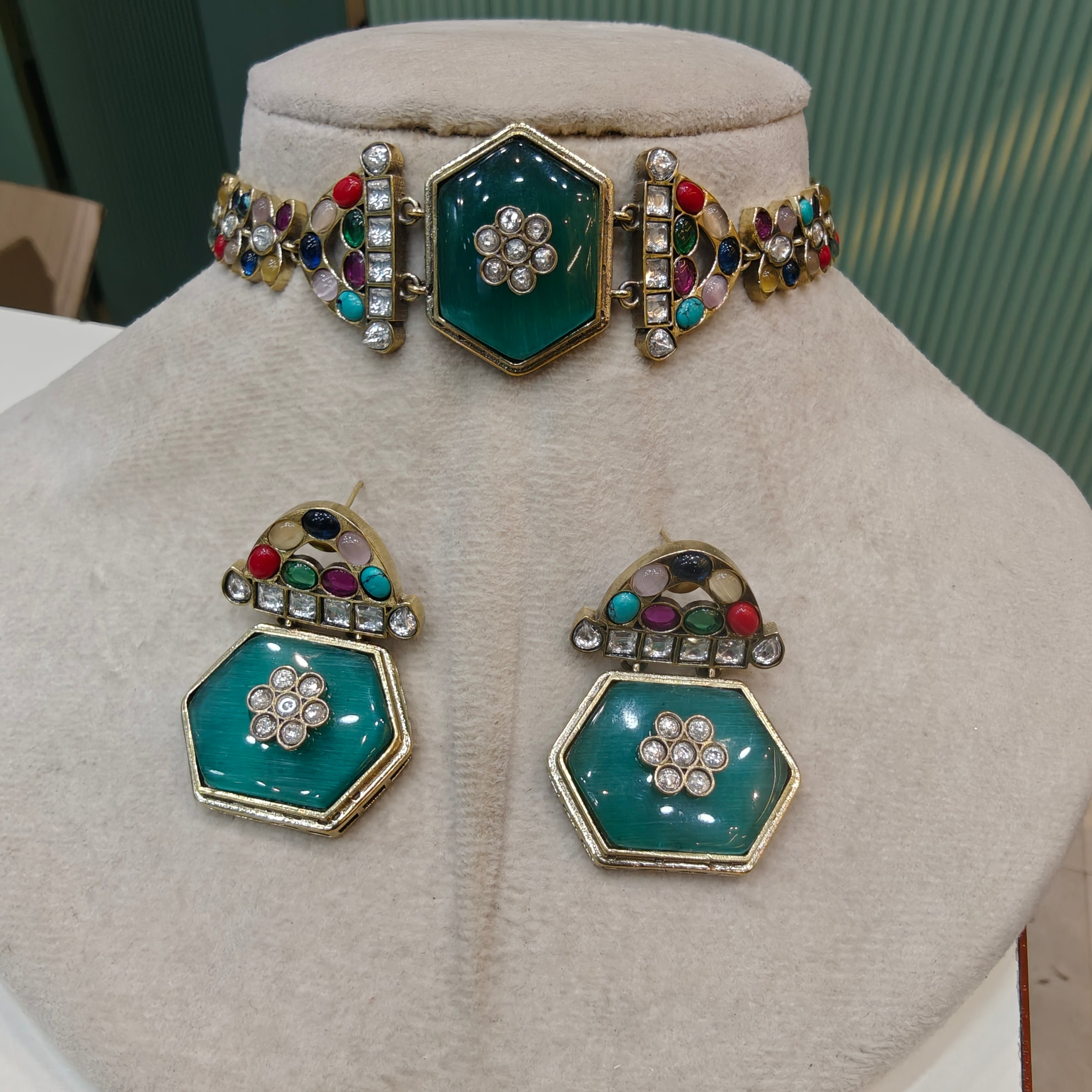Ozel Navratan Sleek Choker Set- Mint Multi
