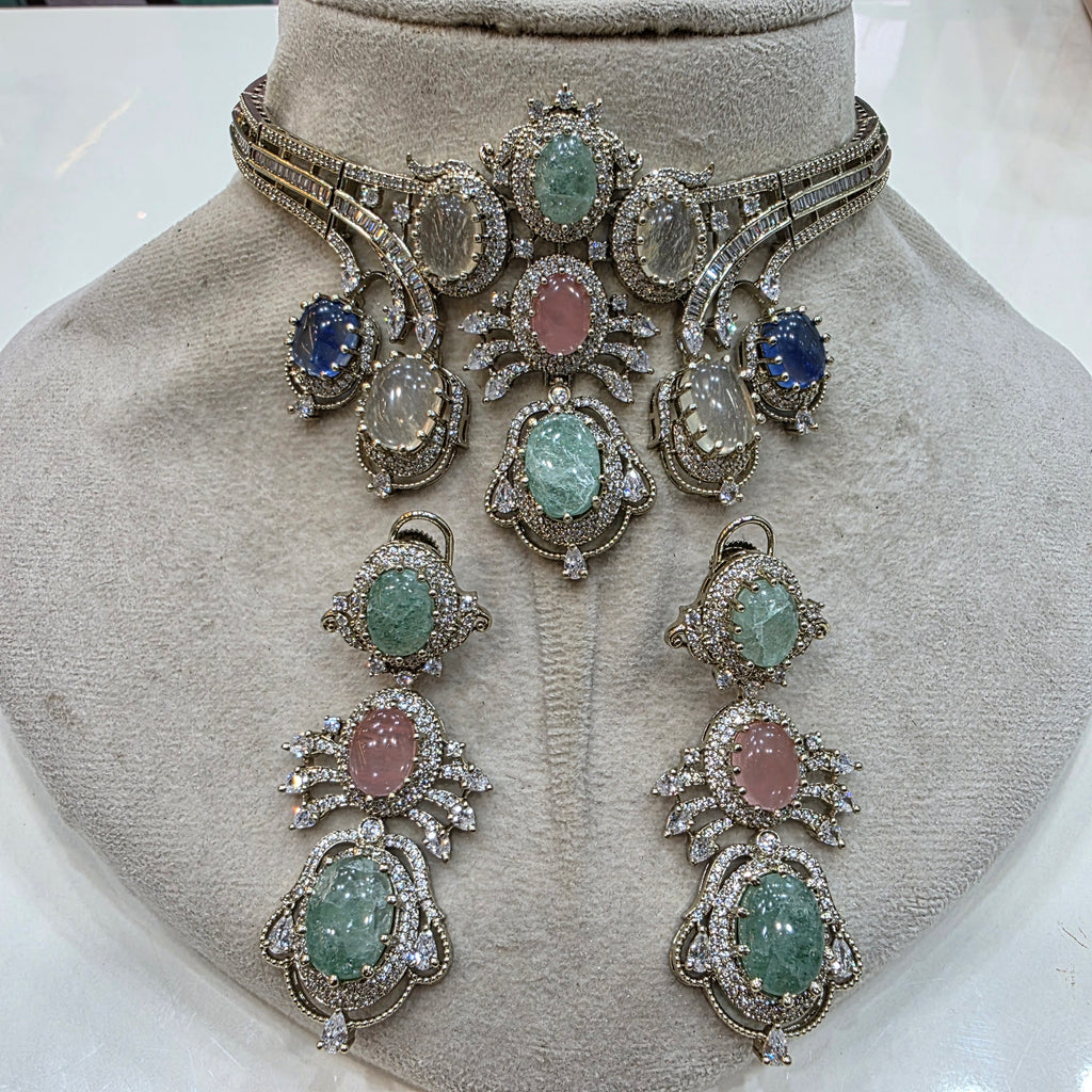 Alankrita Sabya Inspired Gemstone Statement Choker Necklace Set- Mint Multi