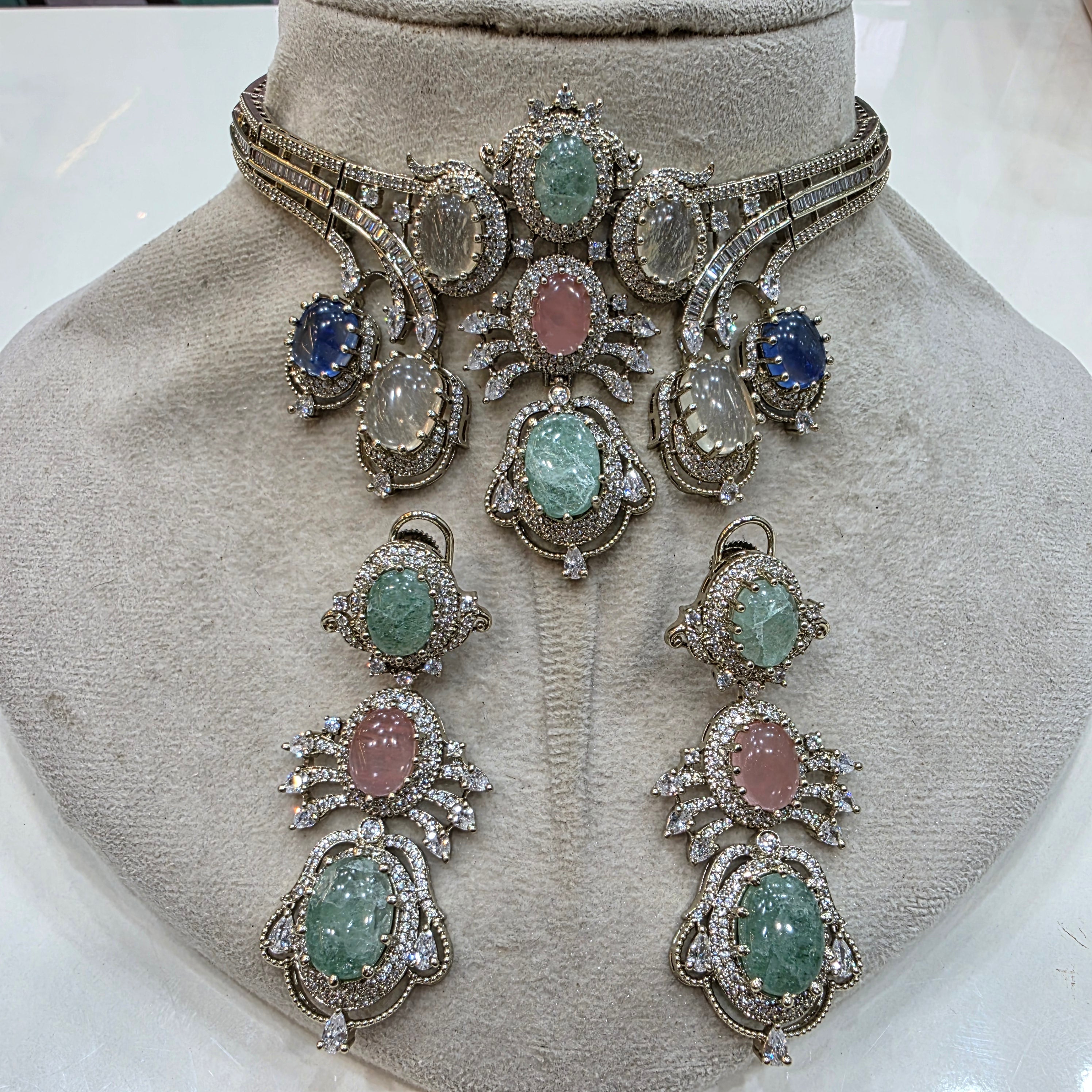 Alankrita Sabya Inspired Gemstone Statement Choker Necklace Set- Mint Multi