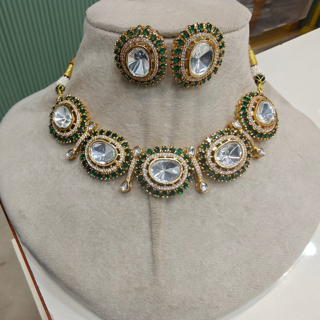 Anuja Uncut Polki Necklace Set- Green
