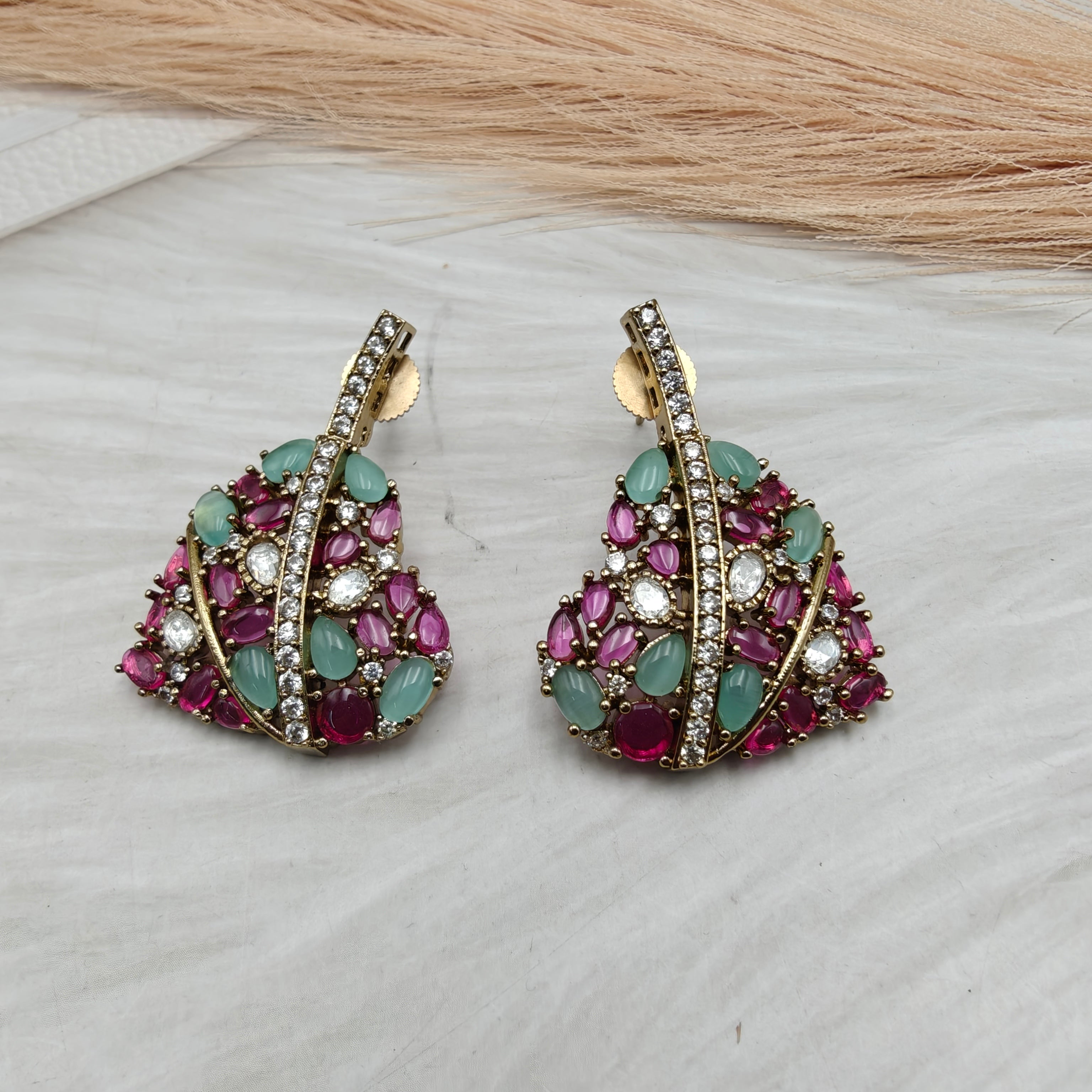 Heartleaf Pota Stone and Polki Statement Earrings - Mint n Ruby