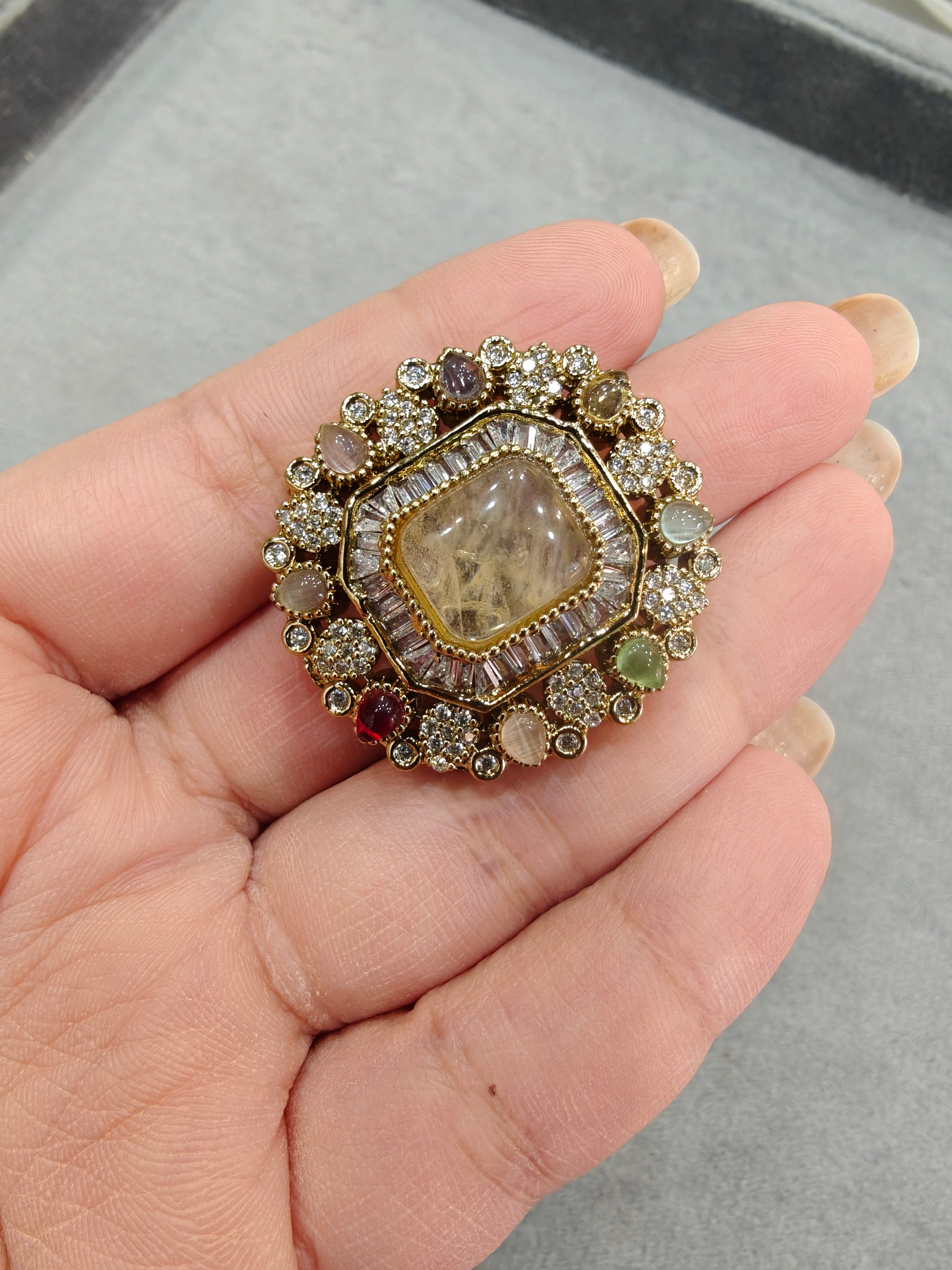Archana Sabya Inspired Gemstone Adjustable Ring- Light Yellow Multi
