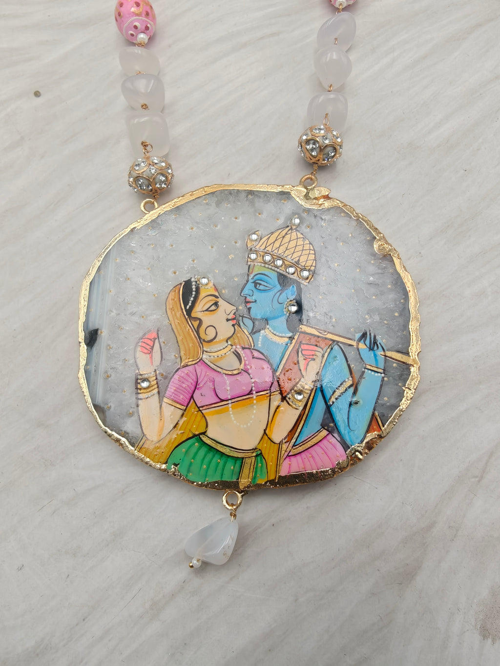 Radha Krishna Tanjore Natural Stone Necklace Set - White