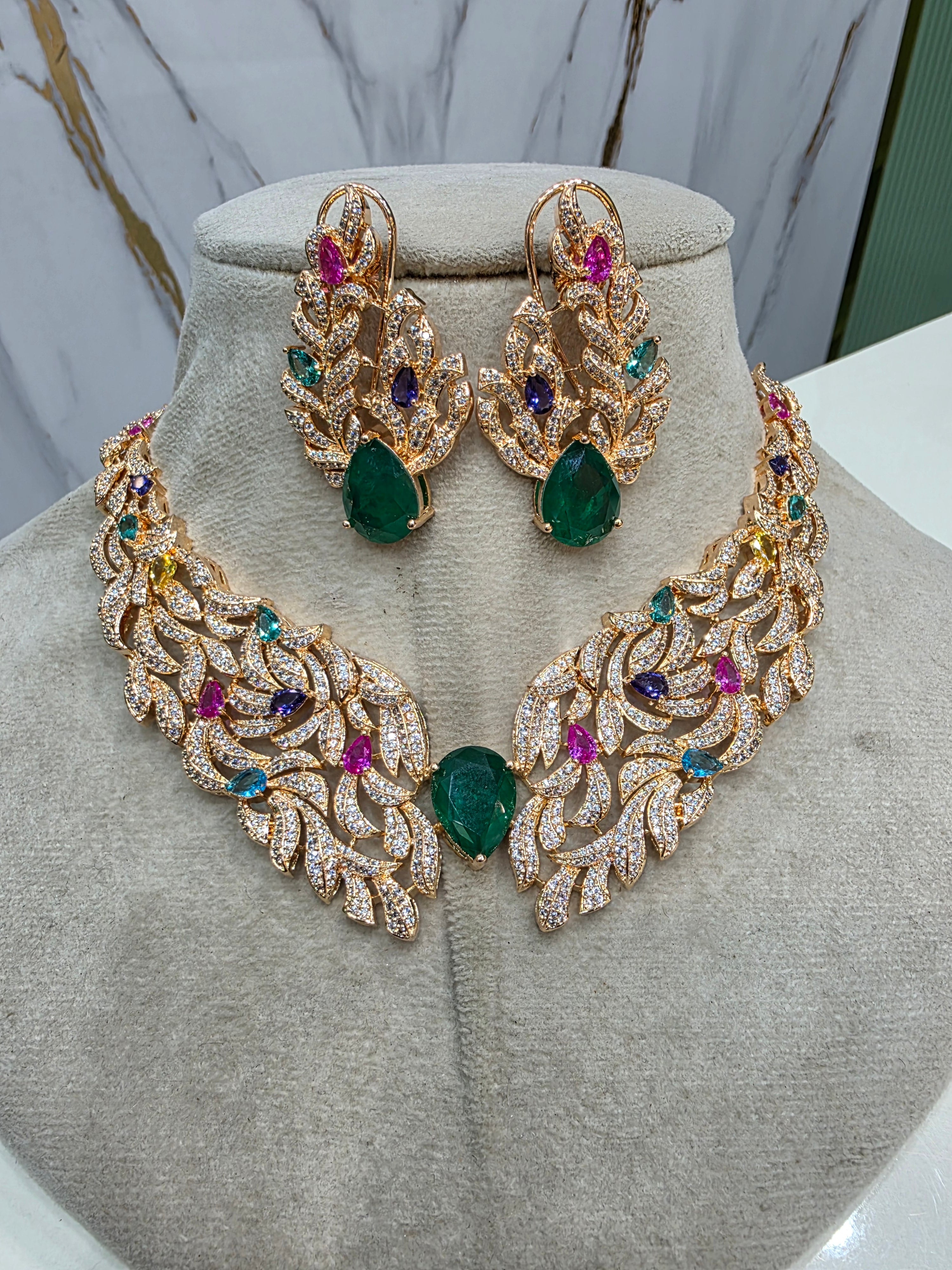 Srishti Premium Carat Plating Russian Doublet Necklace Set- Green Multi