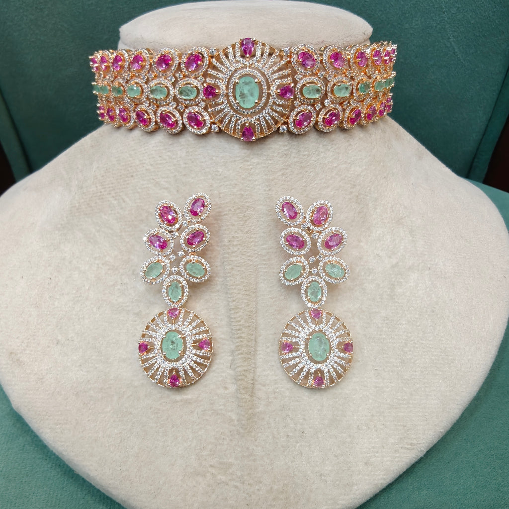 Radhya Premium Russian Doublet Choker Set- Ruby Mint