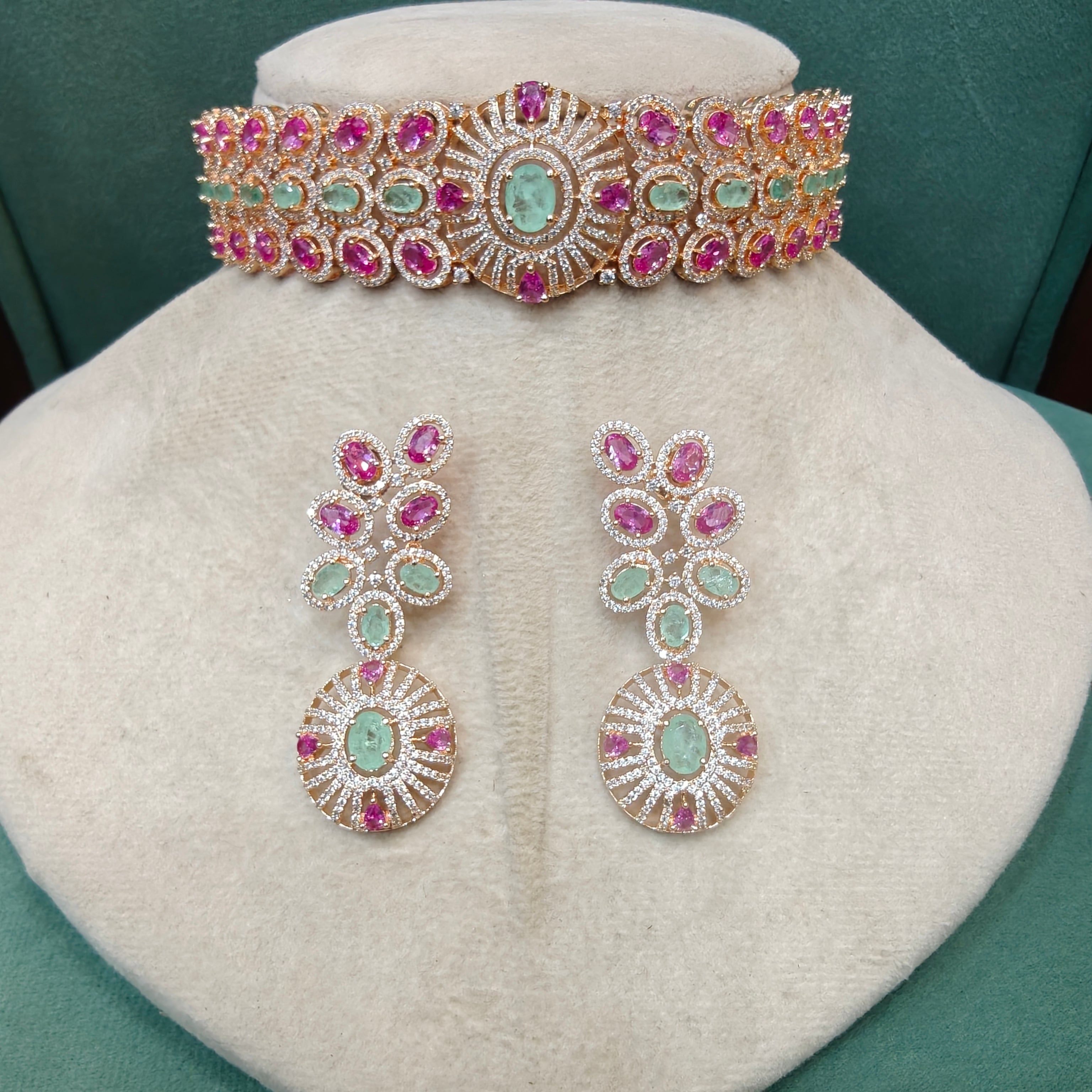 Radhya Premium Russian Doublet Choker Set- Ruby Mint
