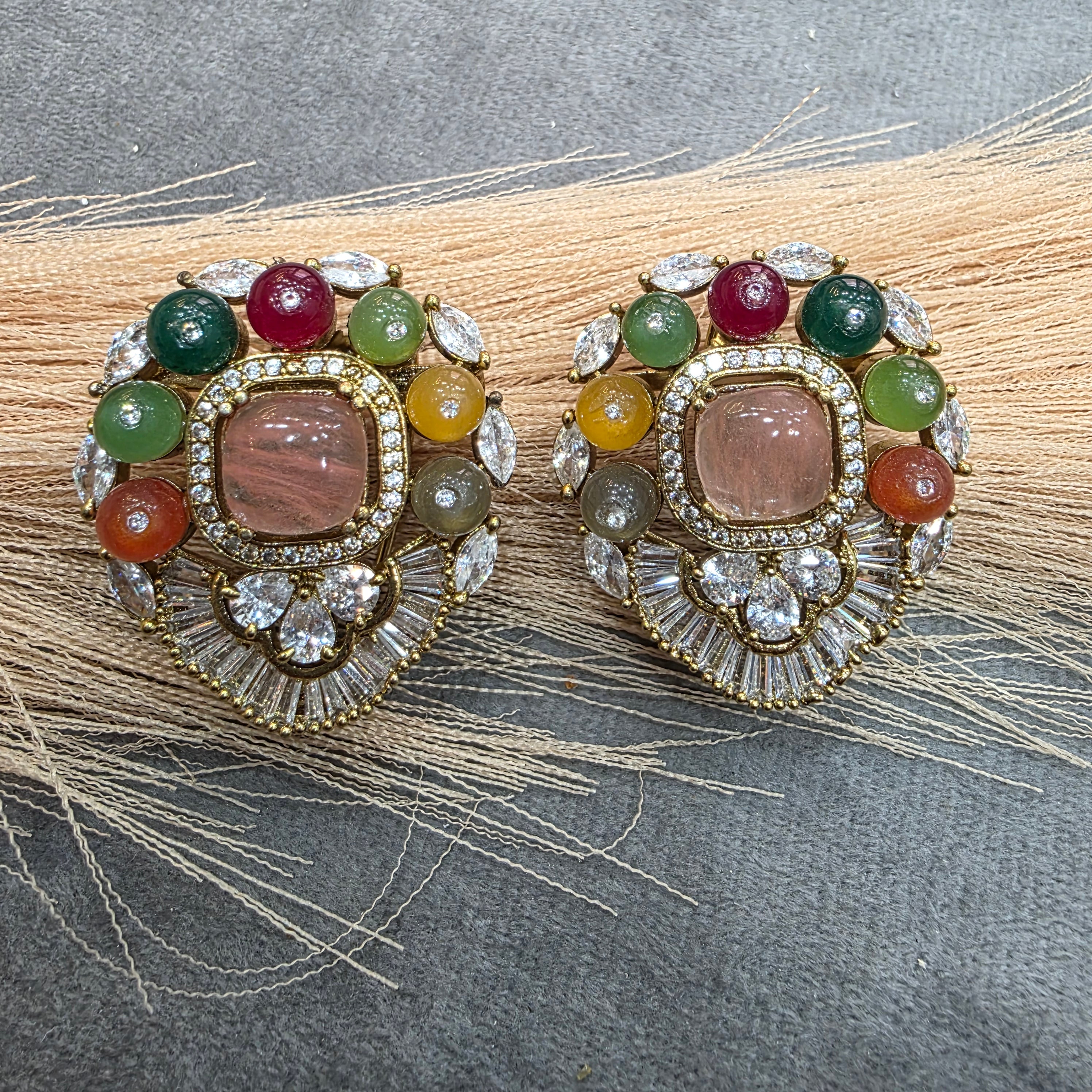Ibadat Sabya Inspired Gemstone Studs- Pink Coral Multi