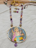 Ganesha Tanjore Natural Stone Necklace Set - Purple
