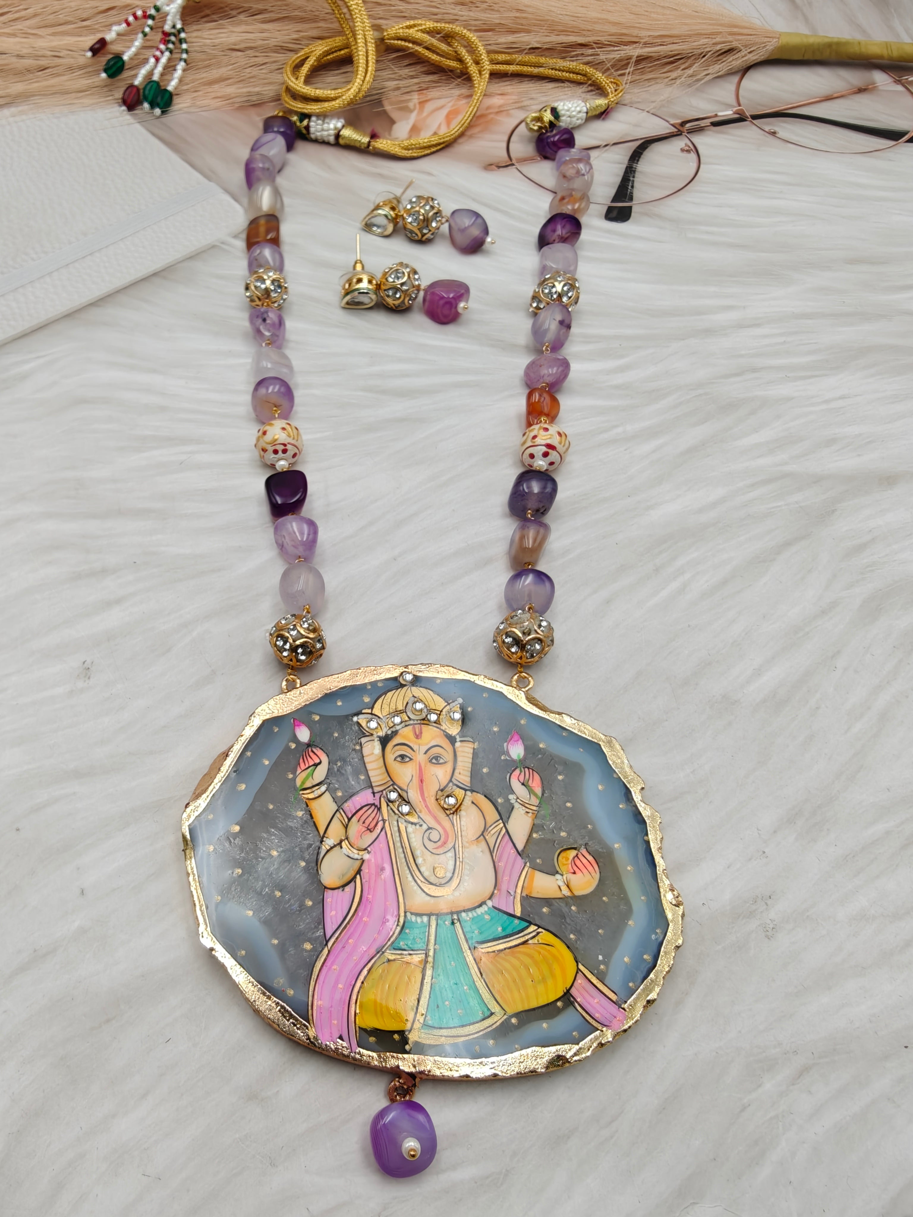 Ganesha Tanjore Natural Stone Necklace Set - Purple
