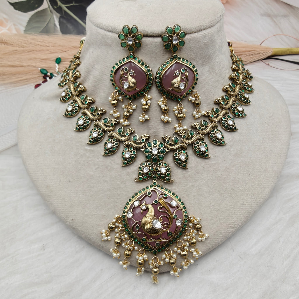 Shreenika Mayura Heritage Necklace Set- Pink and Green