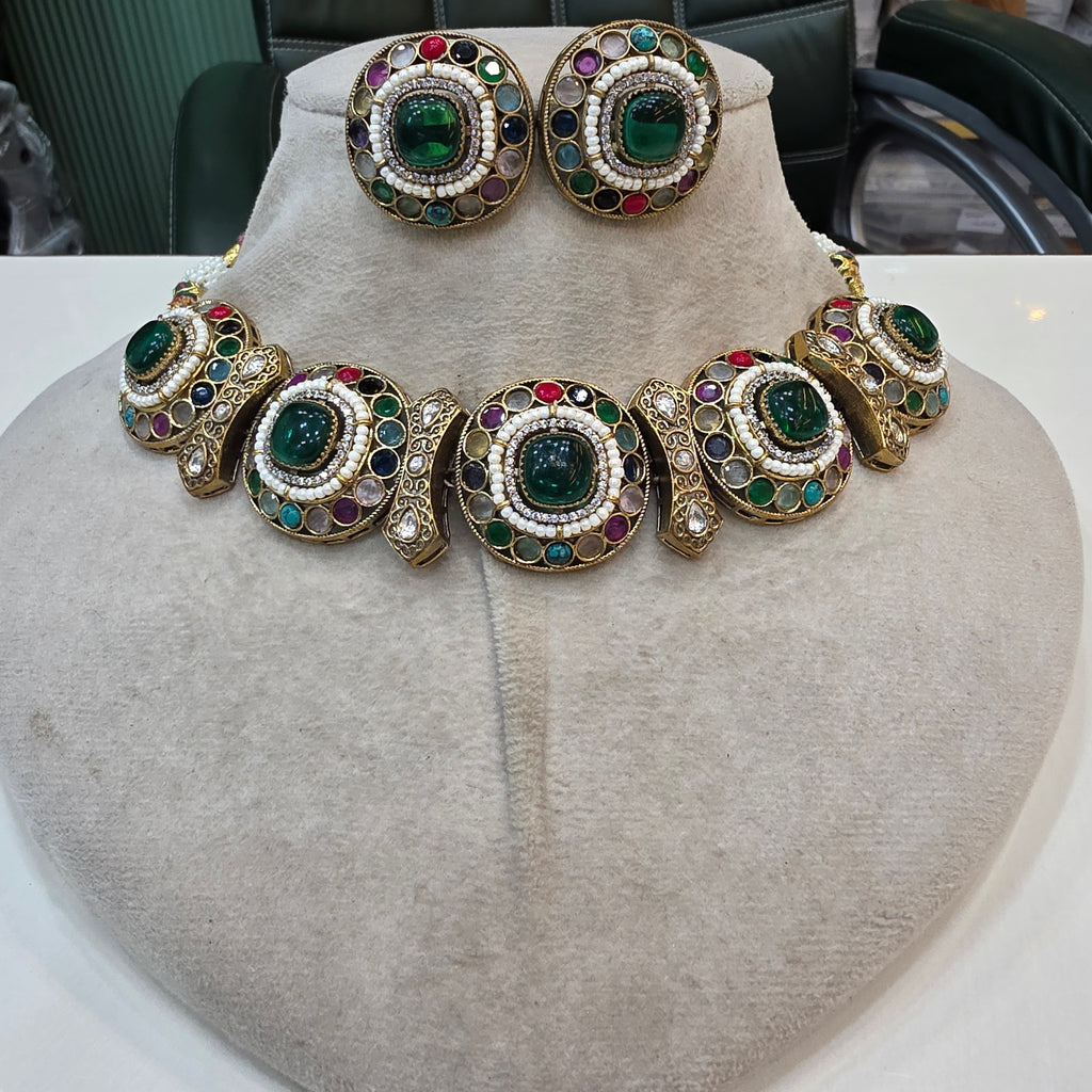 Anaysha Navratan choker Necklace Set- Green Multi