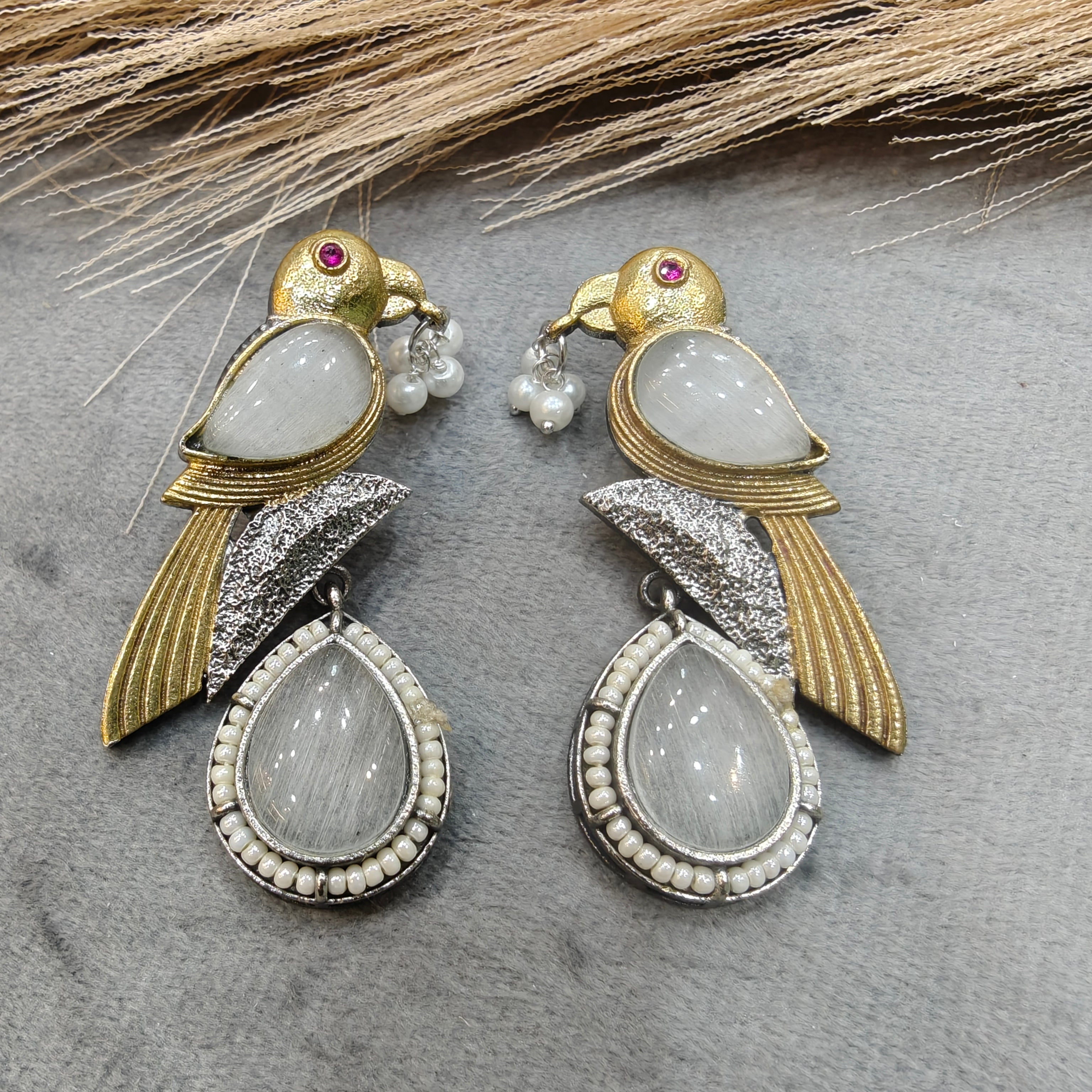 Silver oxidised Bird Earrings- White